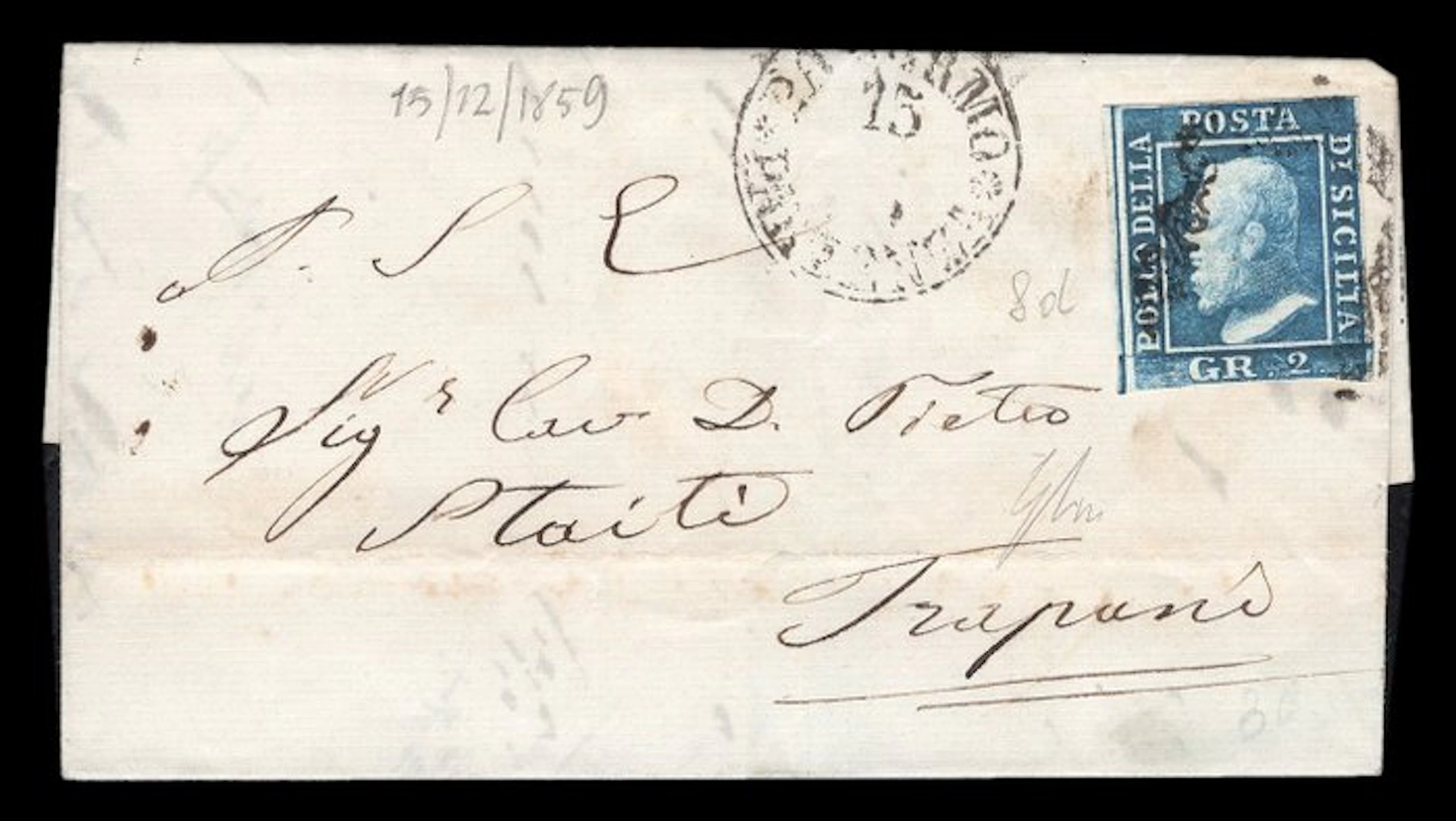 Italian Ancient States - Sicily - Letter from Palermo to Trapani 1859