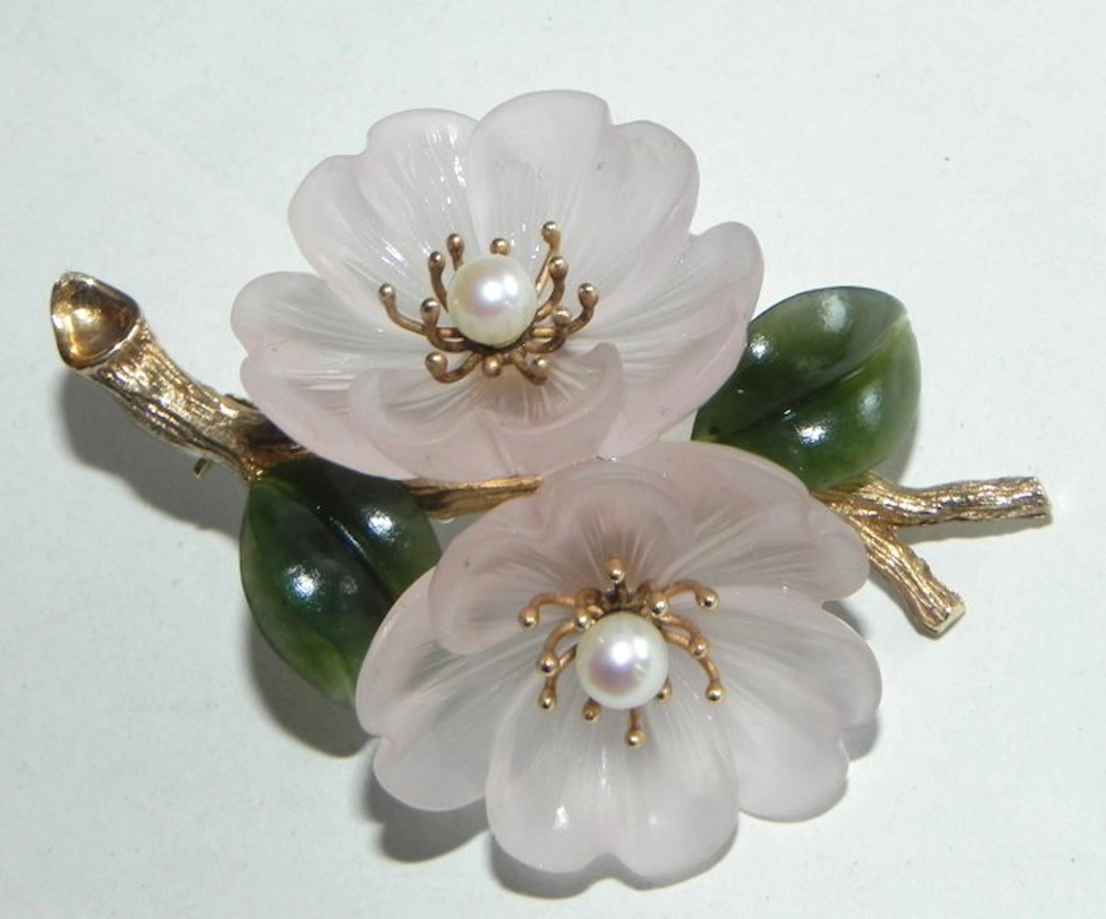 Brooch - 14 kt. Yellow gold Quartz - Jade