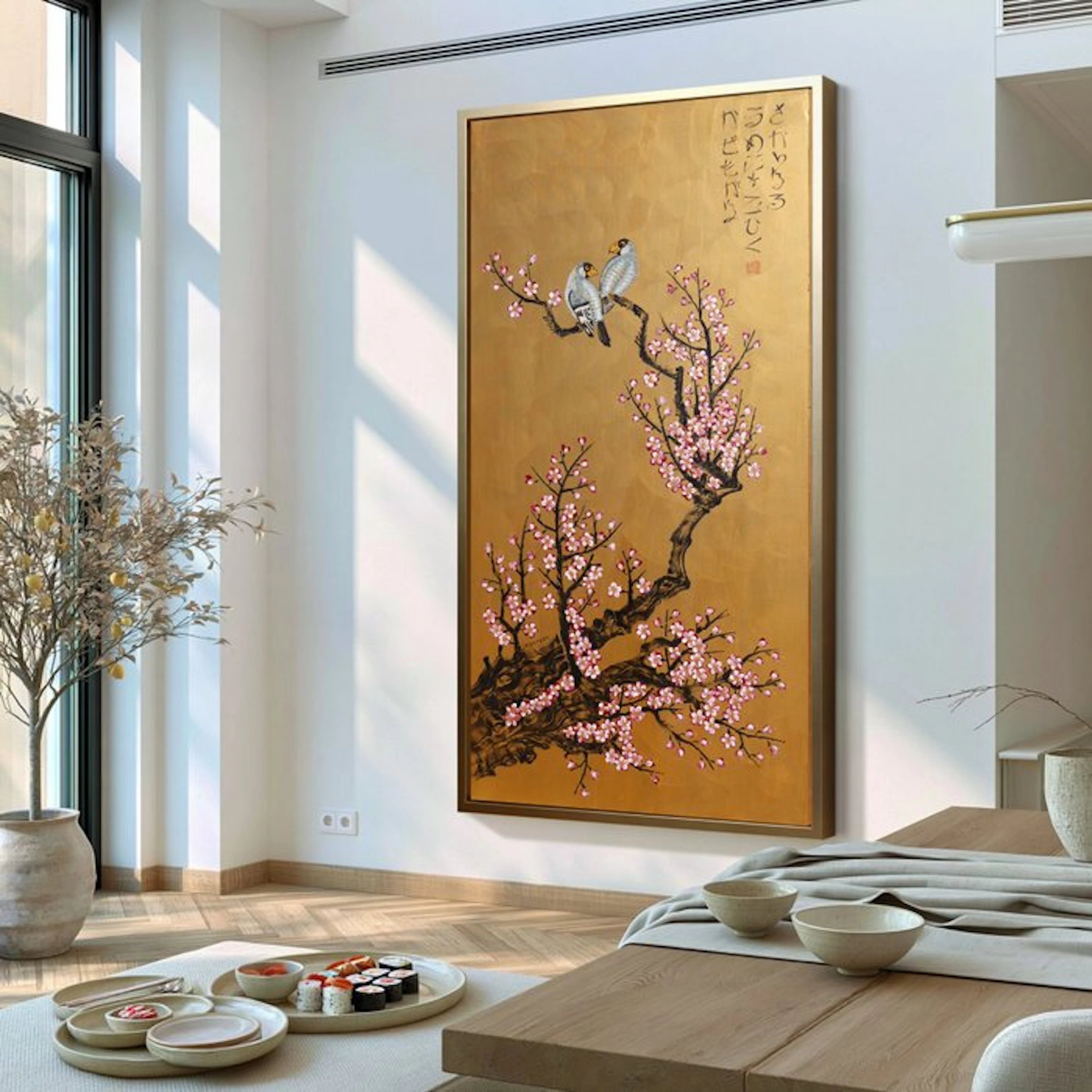 Ksavera - Japanese love birds J574 - gold original painting on XXL canvas 210cm