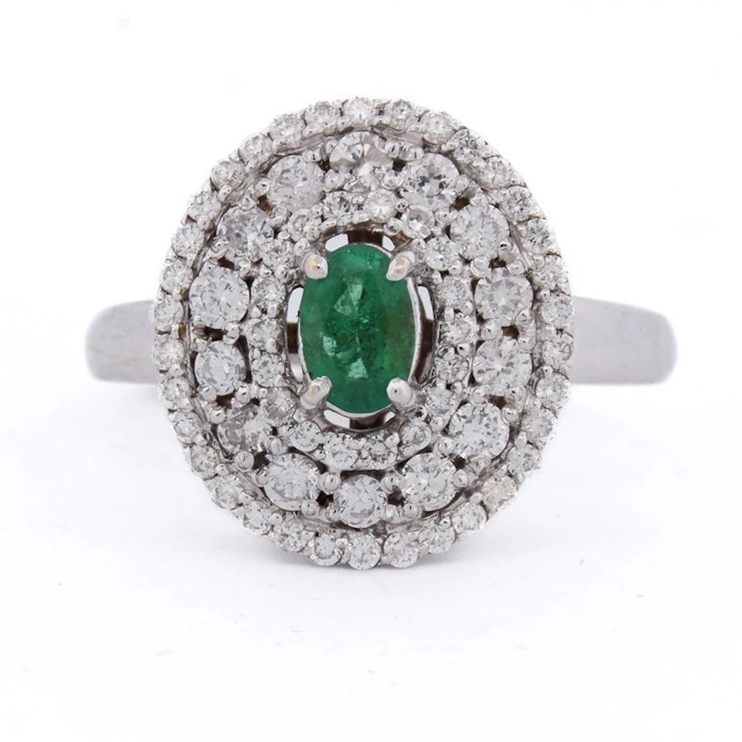 Ring - 18 kt. White gold - 1.27ct. tw. Emerald - Diamond