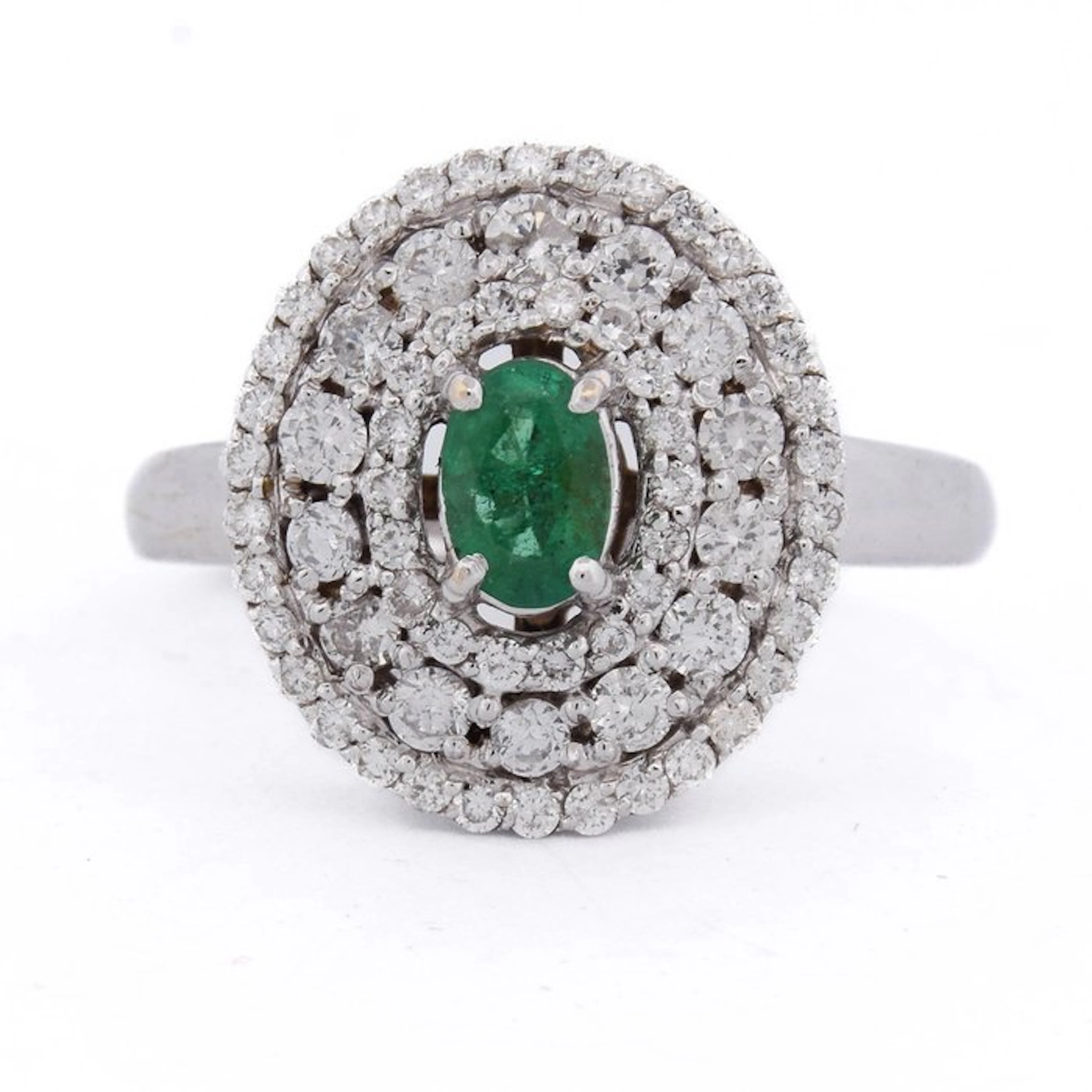 Ring - 18 kt. White gold - 1.27ct. tw. Emerald - Diamond
