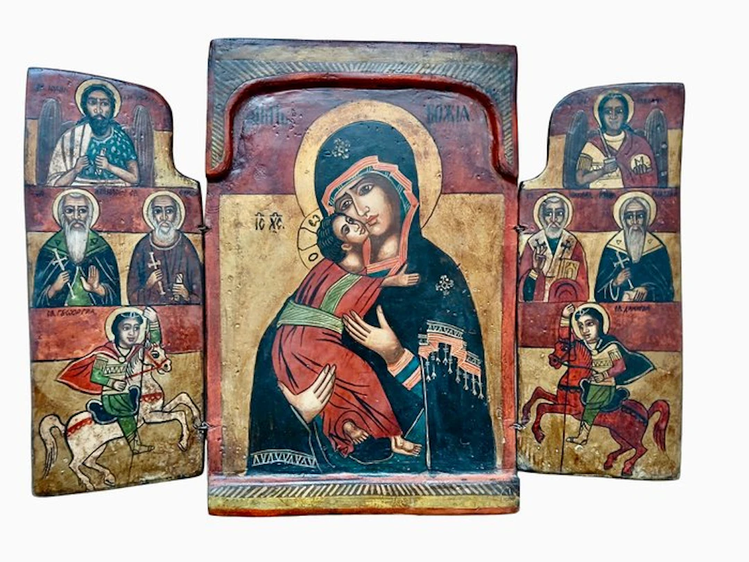 Icon - Mother of God - Wood - Byzantine triptych icon