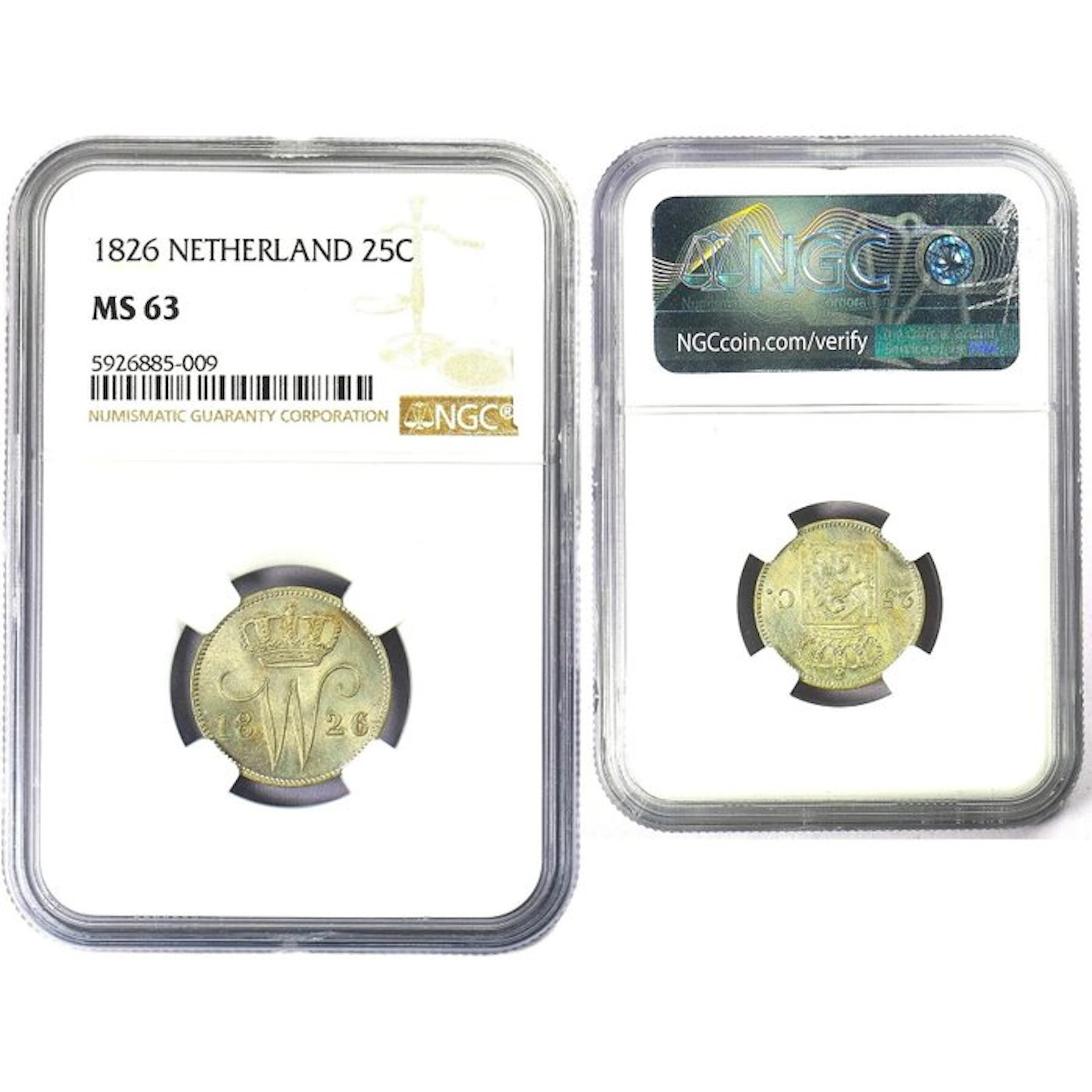 Netherlands. Willem I. 25 Cents 1826 U Utrecht – NGC MS 63