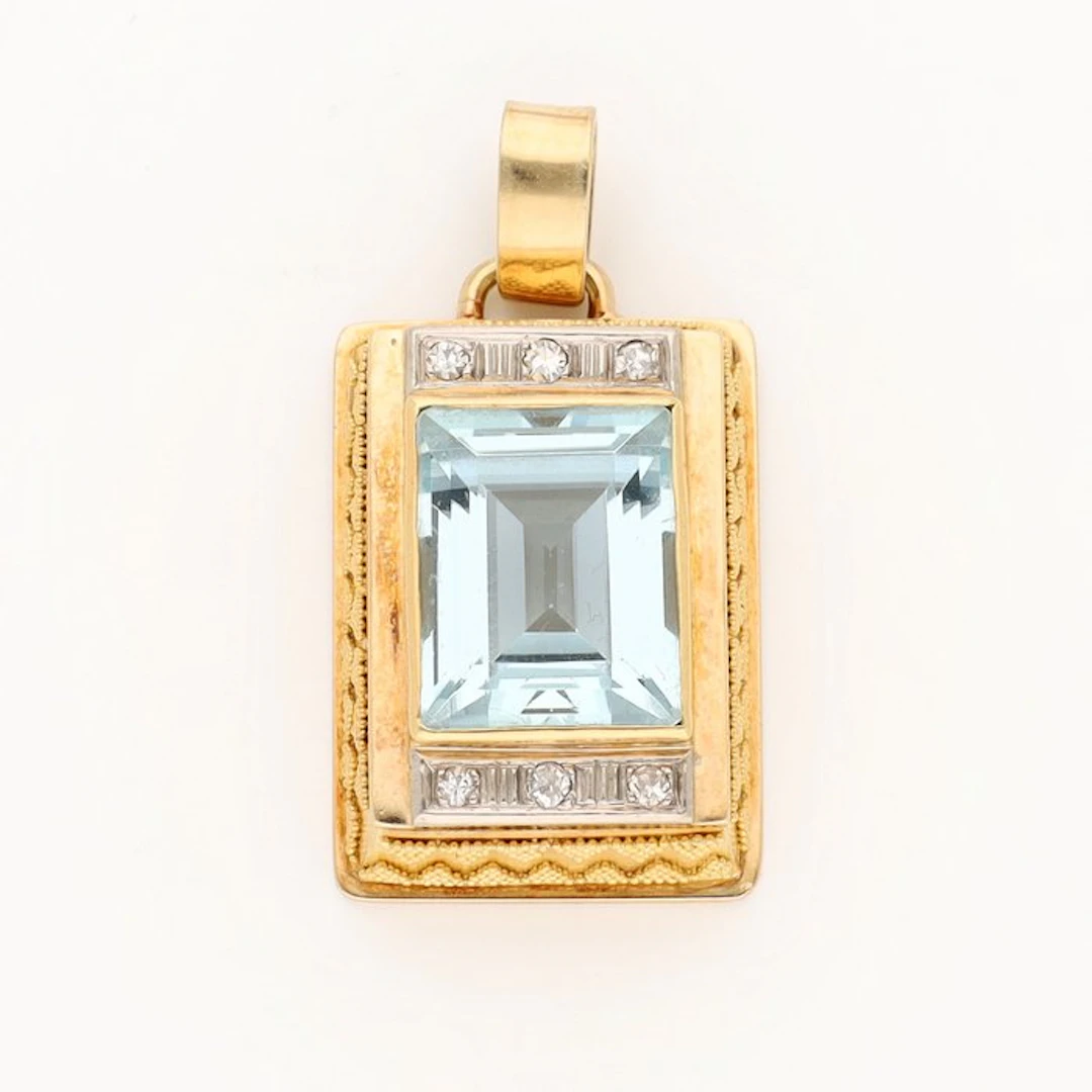 Pendant - 14 kt. Yellow gold, White gold Aquamarine - Diamond - Art Deco