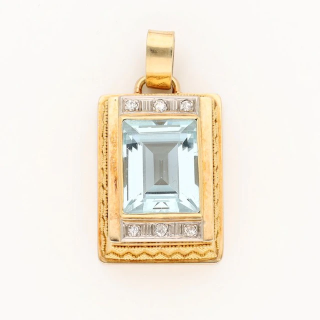 Pendant - 14 kt. Yellow gold, White gold Aquamarine - Diamond - Art Deco
