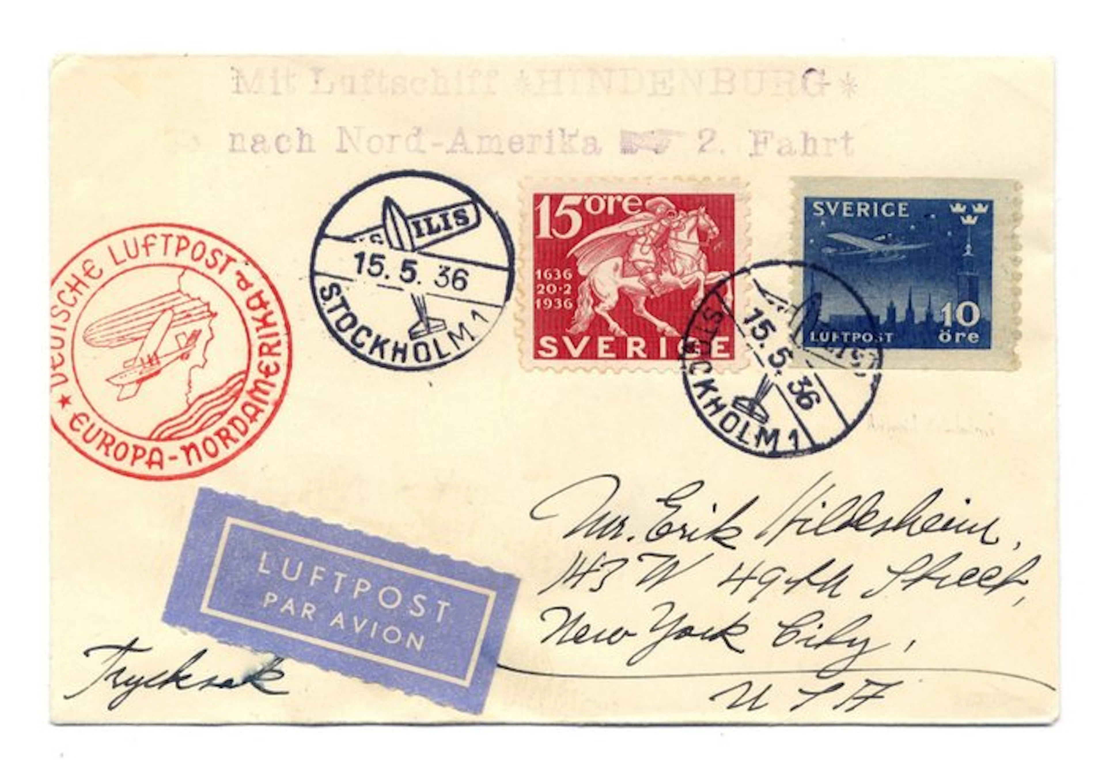 Sweden 1936 - Hindenburg Second North America Flight...