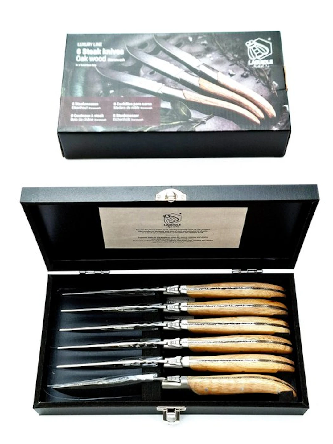 Laguiole - 6x Luxury Steak Knives - Oak Wood - stonewash...