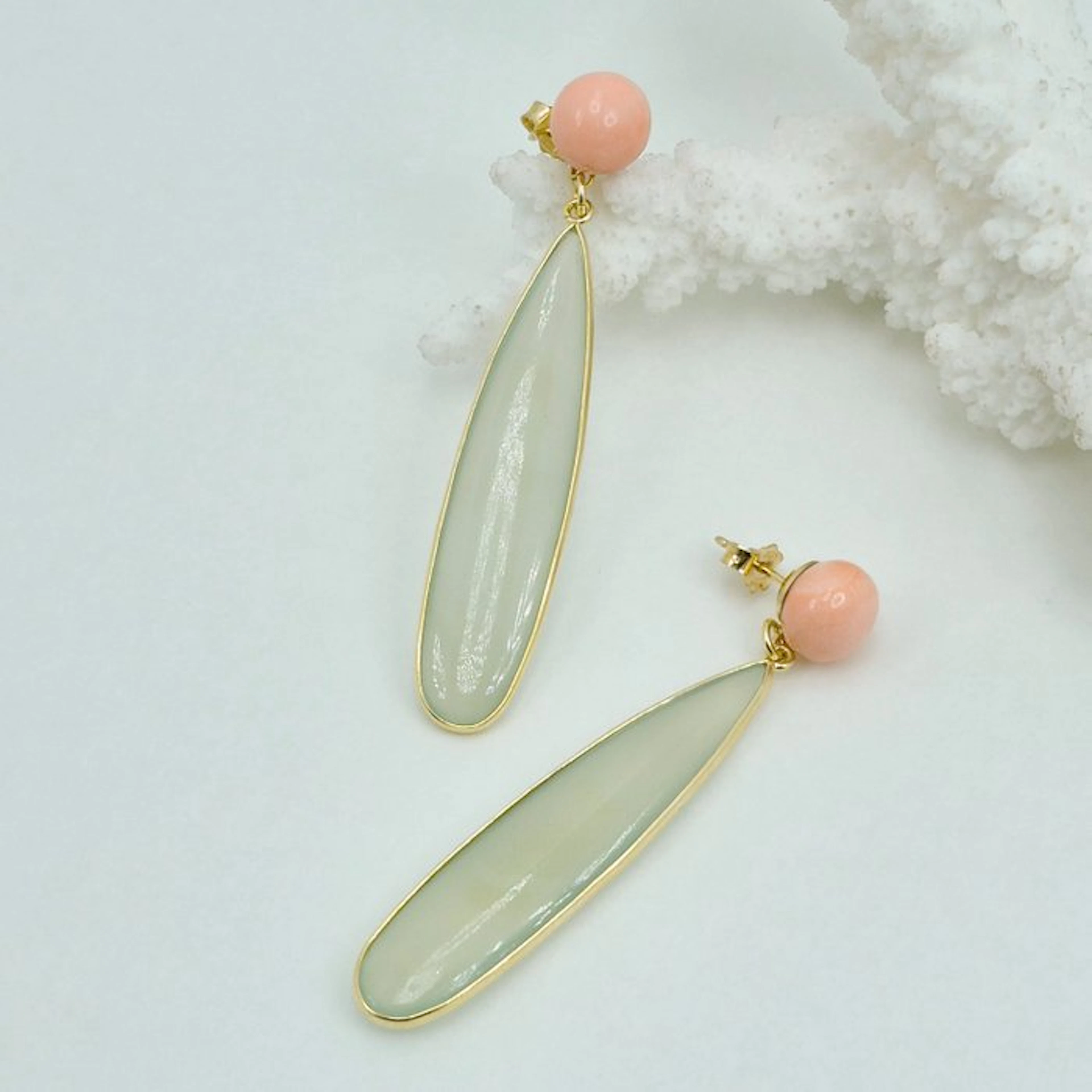 Silver, Gold-plated Earrings - Pink coral and chalcedony