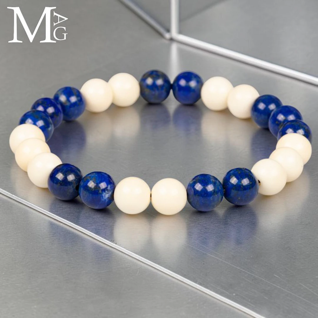 Elastic Bracelet with Natural Lapis Lazuli and Polished...