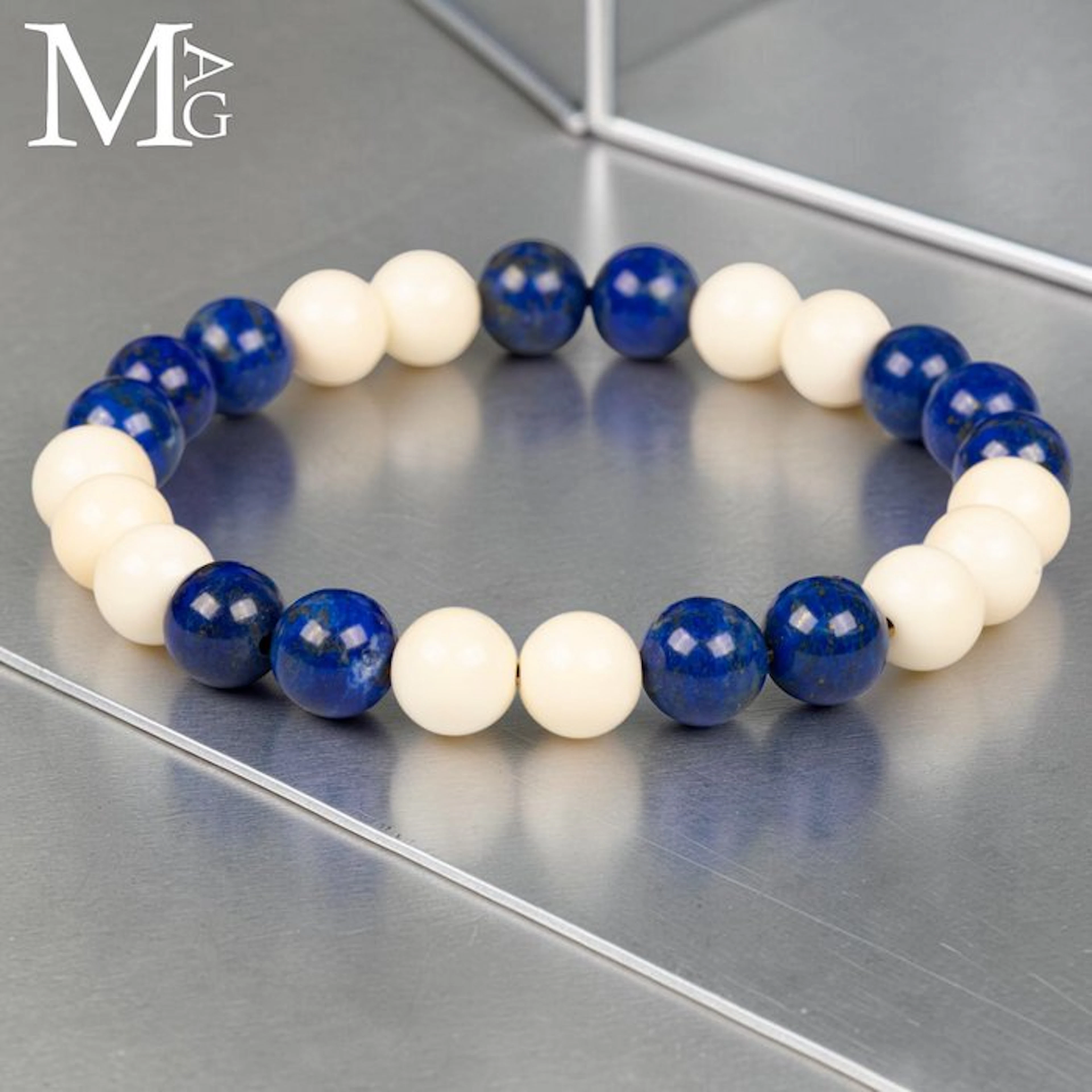 Elastic Bracelet with Natural Lapis Lazuli and Polished...