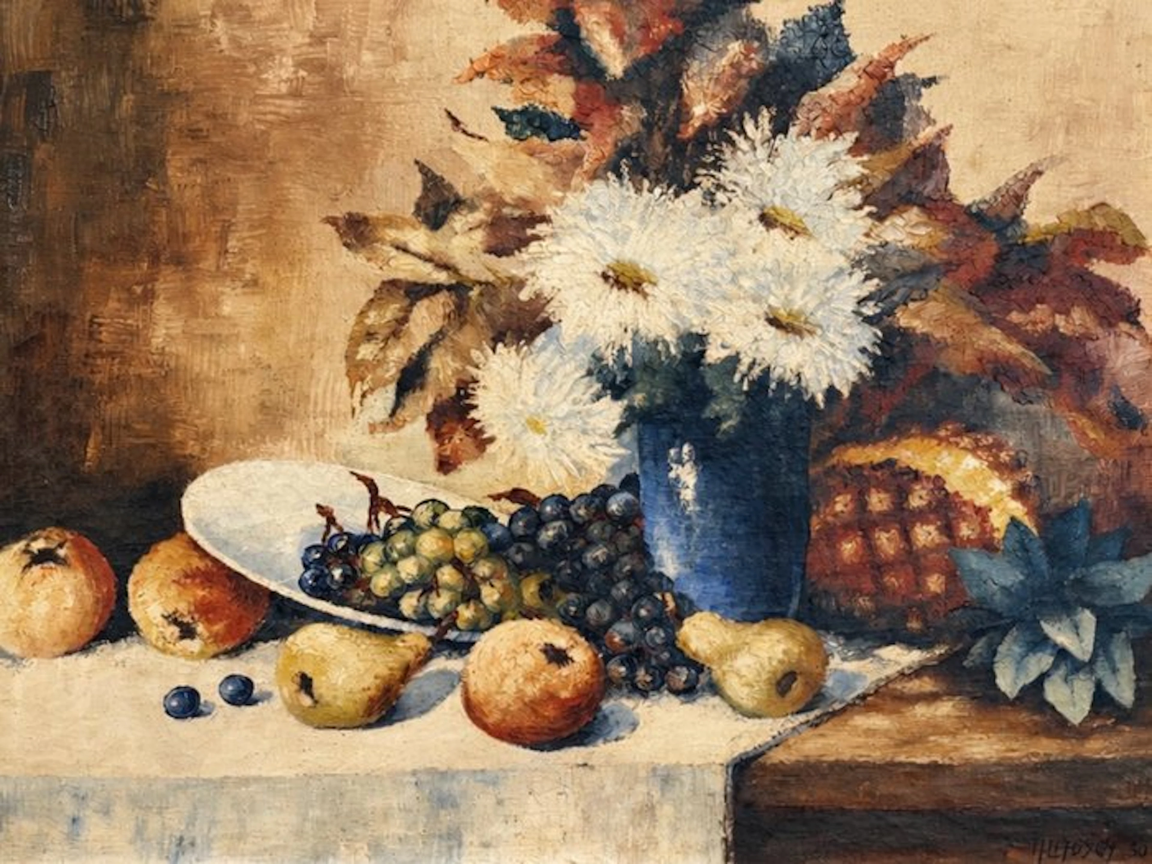 European school (XX) - Still Life with Chrysanthemums, Grapes and Fruit