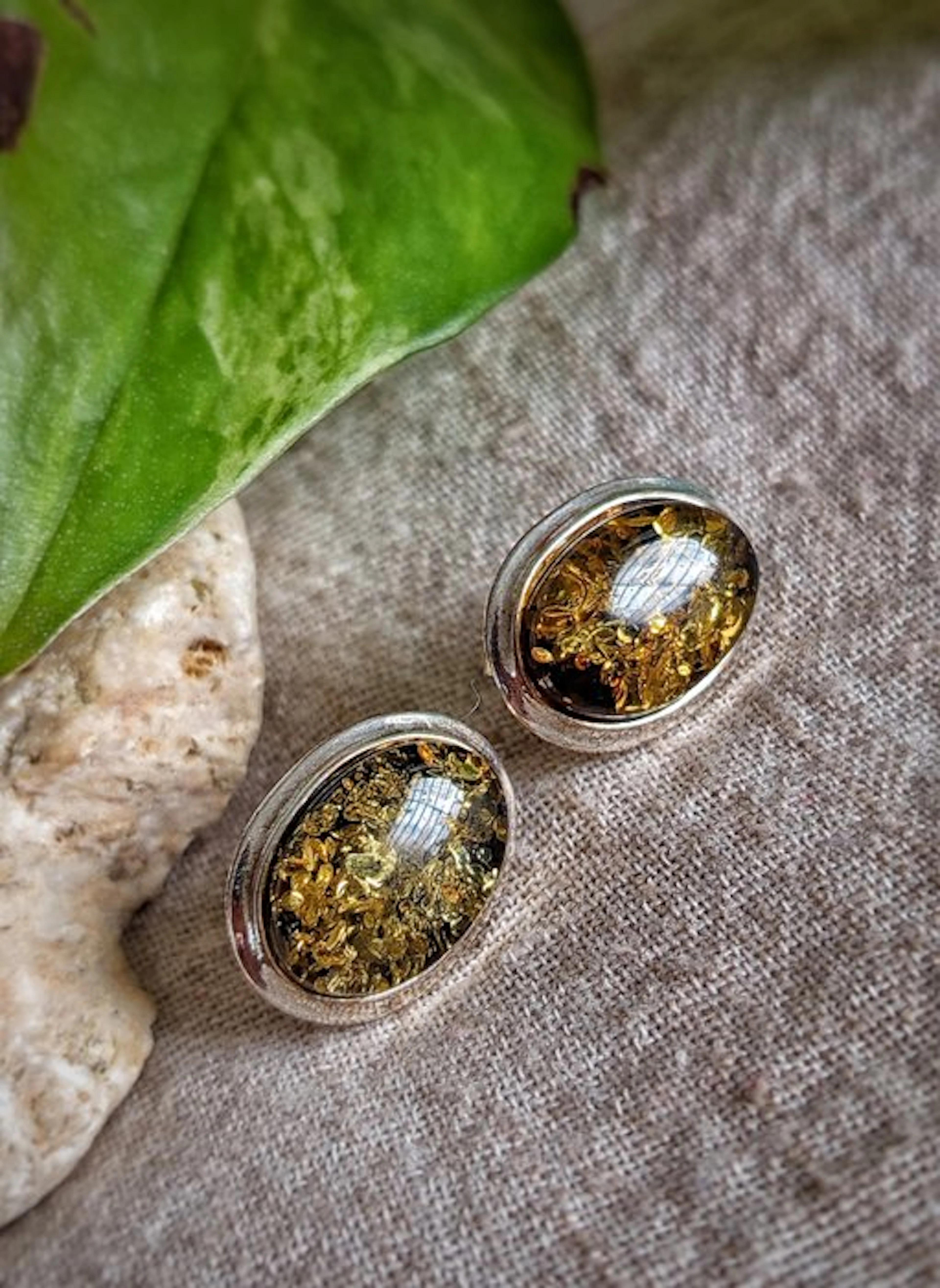 Sterling silver 925 stud earrings with green amber
