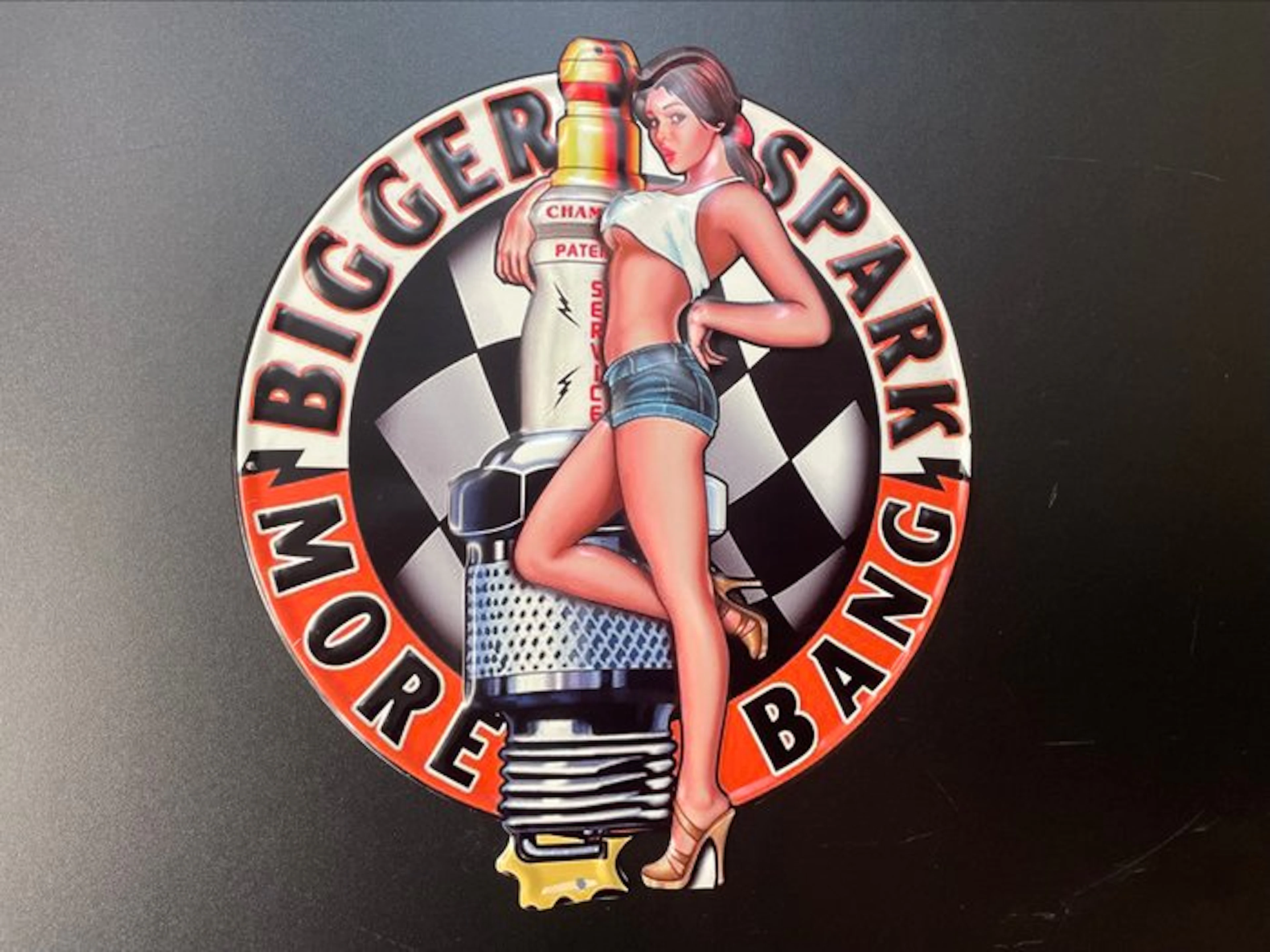 Bigger Bang Spark Plug Pin Up Girl - Sign - Tin sign - embossed 'Made in USA'