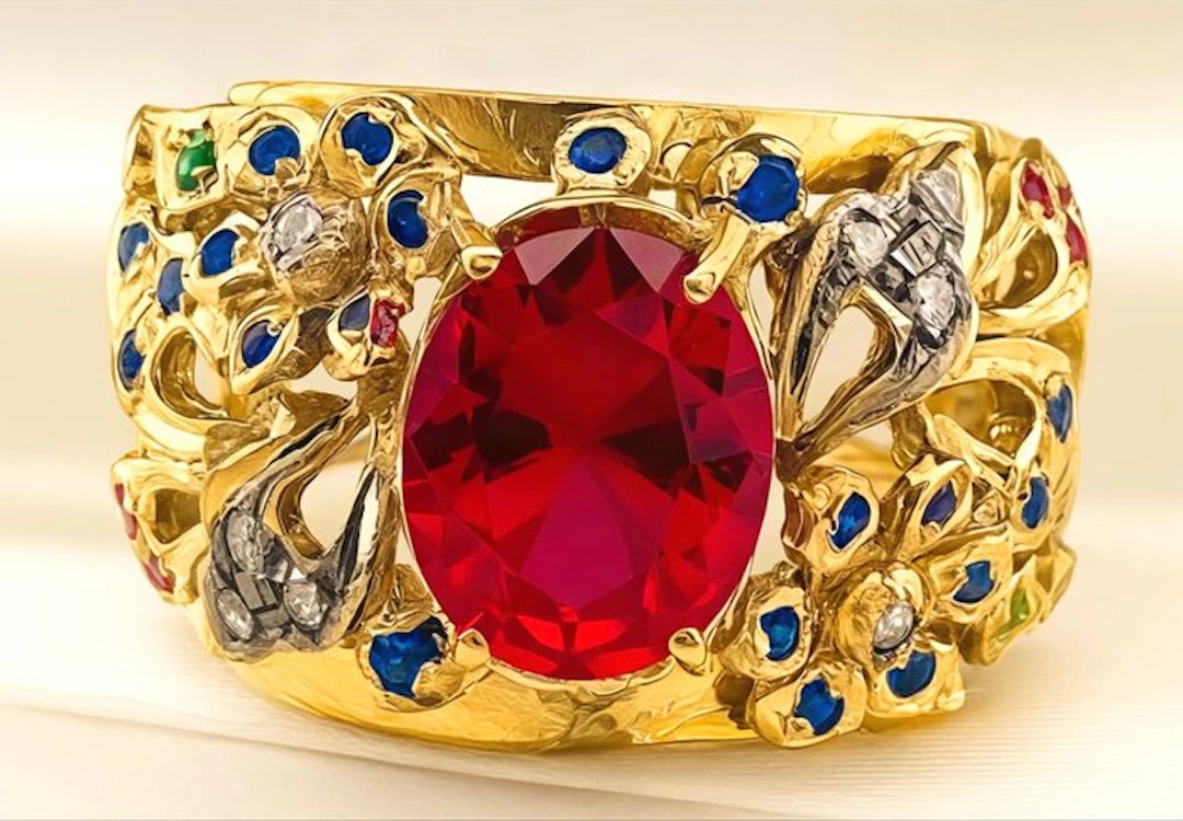 No reserve price - Ring - 9 kt. Yellow gold, Silver Ruby - Diamond