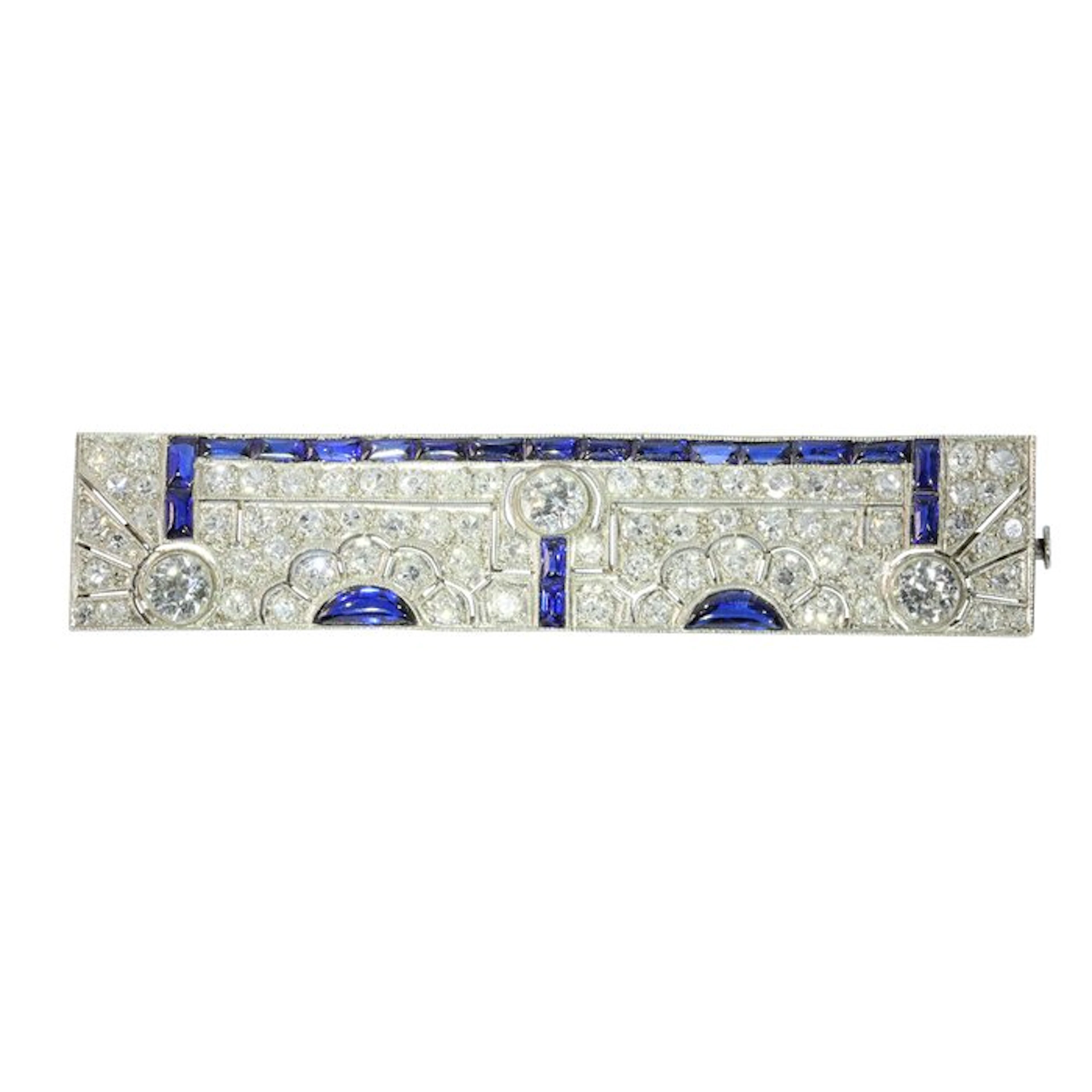 Brooch Platinum - 4.44ct. tw. - Diamond - Sapphire, Art Deco 1920