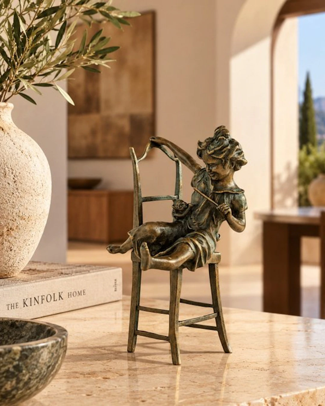 Juan Clara - Sculpture, Girl Playing with Cat - 20 cm - Bronze