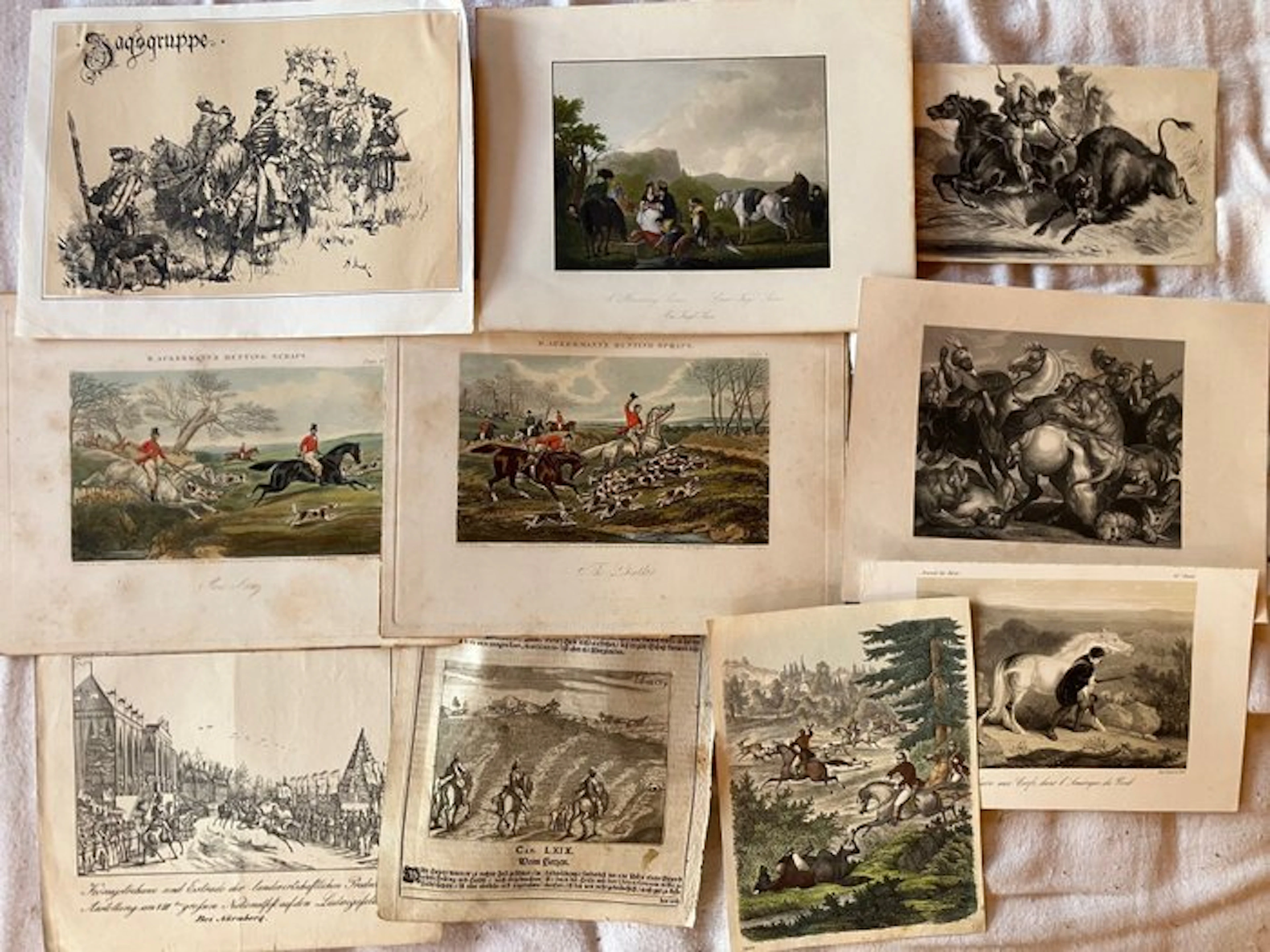 Hunting on horseback - 10 partly coloured etchings - 1780-1850