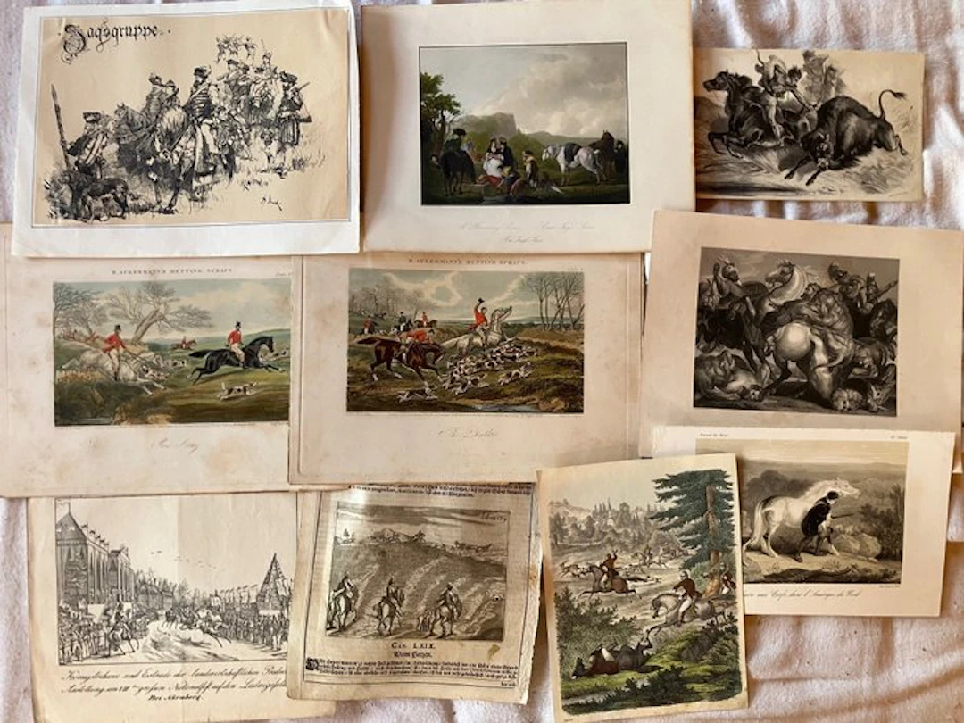Hunting on horseback - 10 partly coloured etchings - 1780-1850