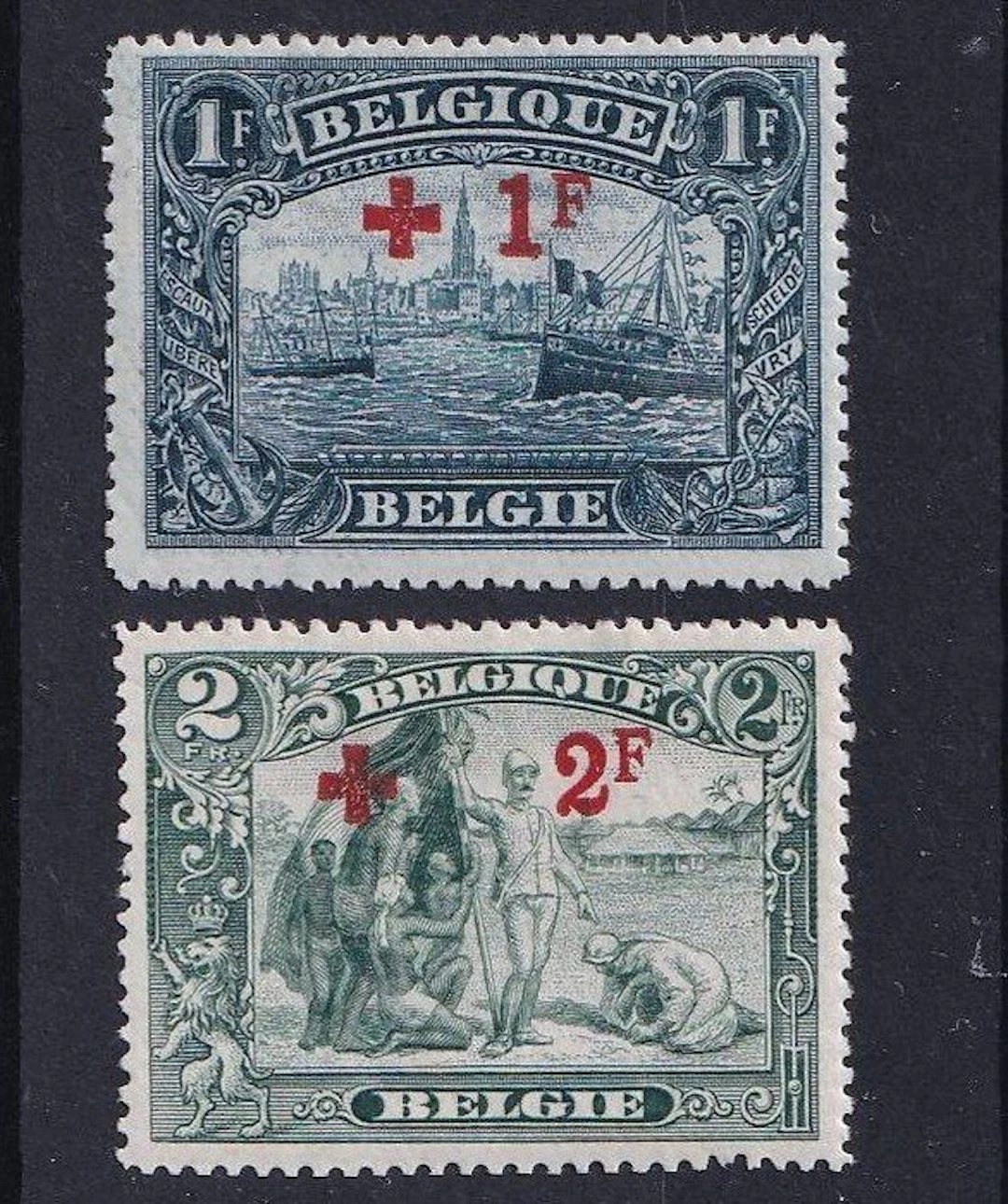 Belgium 1918 - Red Cross 1F+1F Dark gray-blue and 2F+2F...