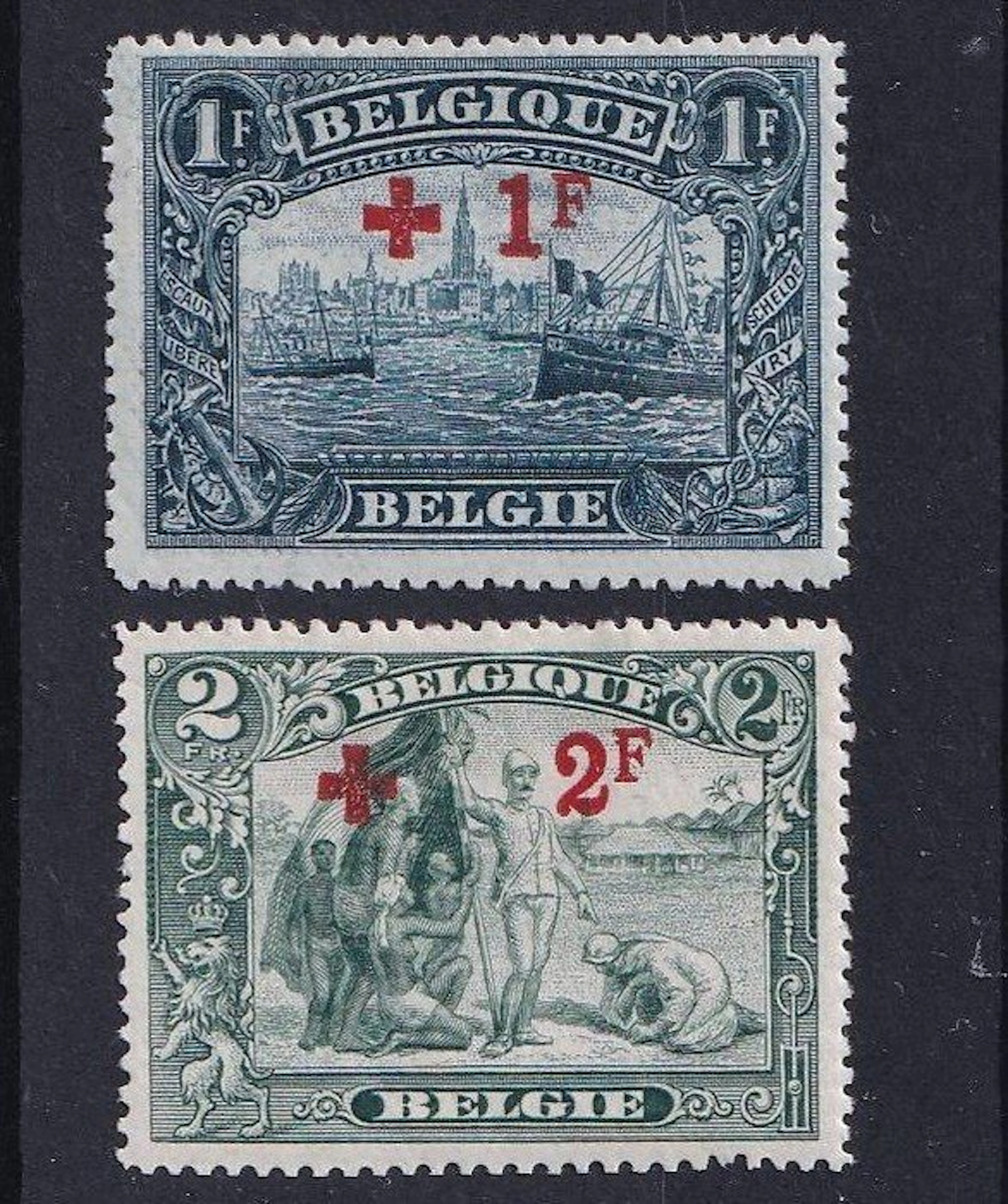 Belgium 1918 - Red Cross 1F+1F Dark gray-blue and 2F+2F...