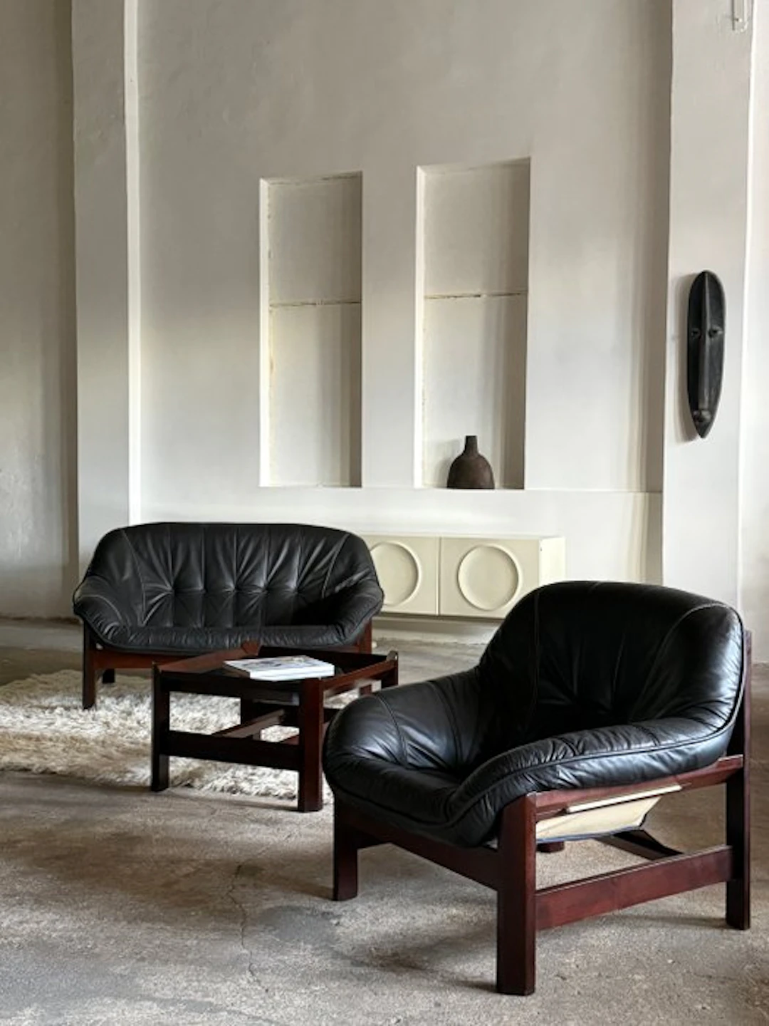 Seating group - Leather, Wood, Canvas - Armchair & Sofa Set & Table