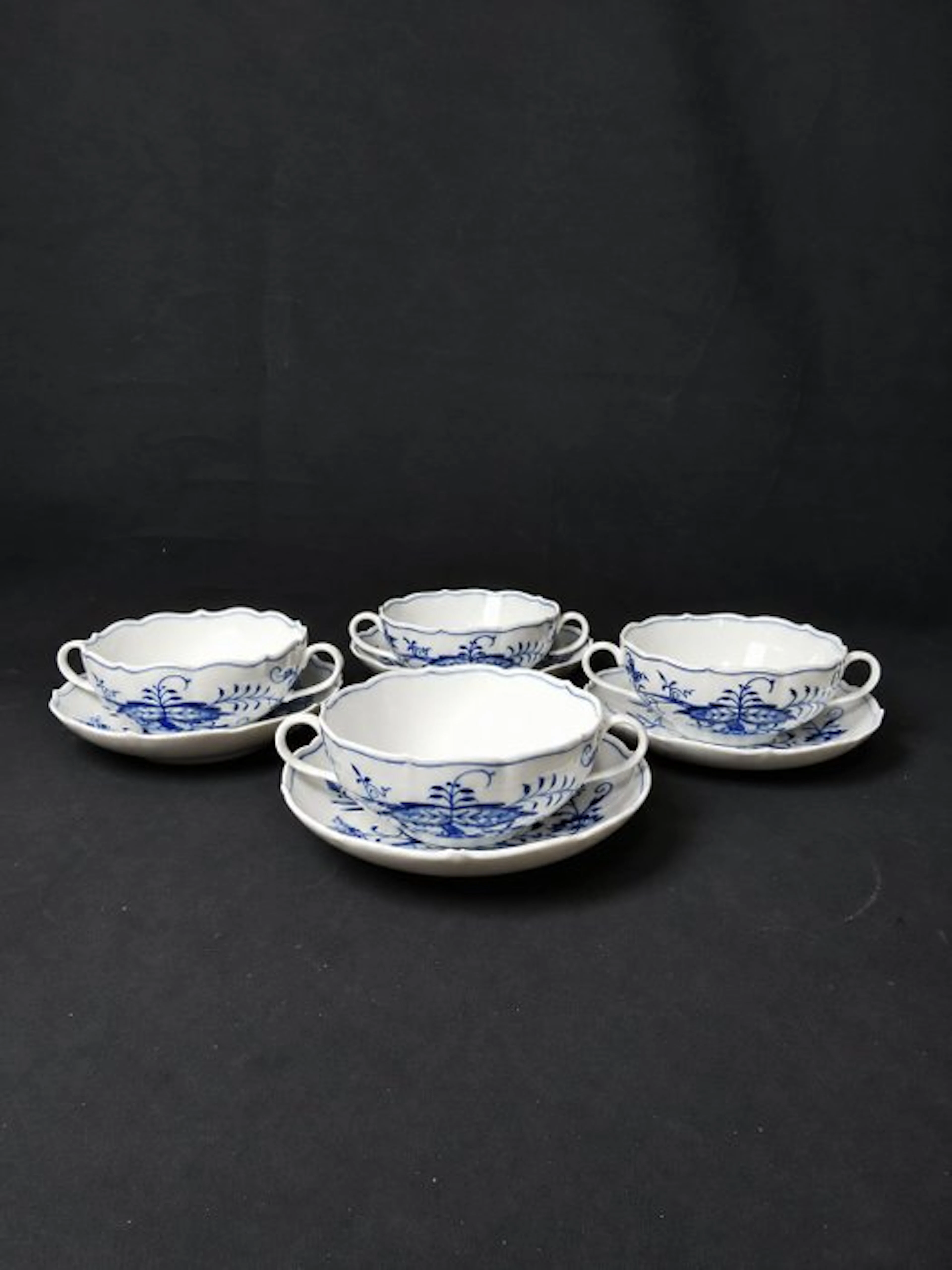 Meissen - Cipolla blu - 4 Zuppiere con piattini - XX...