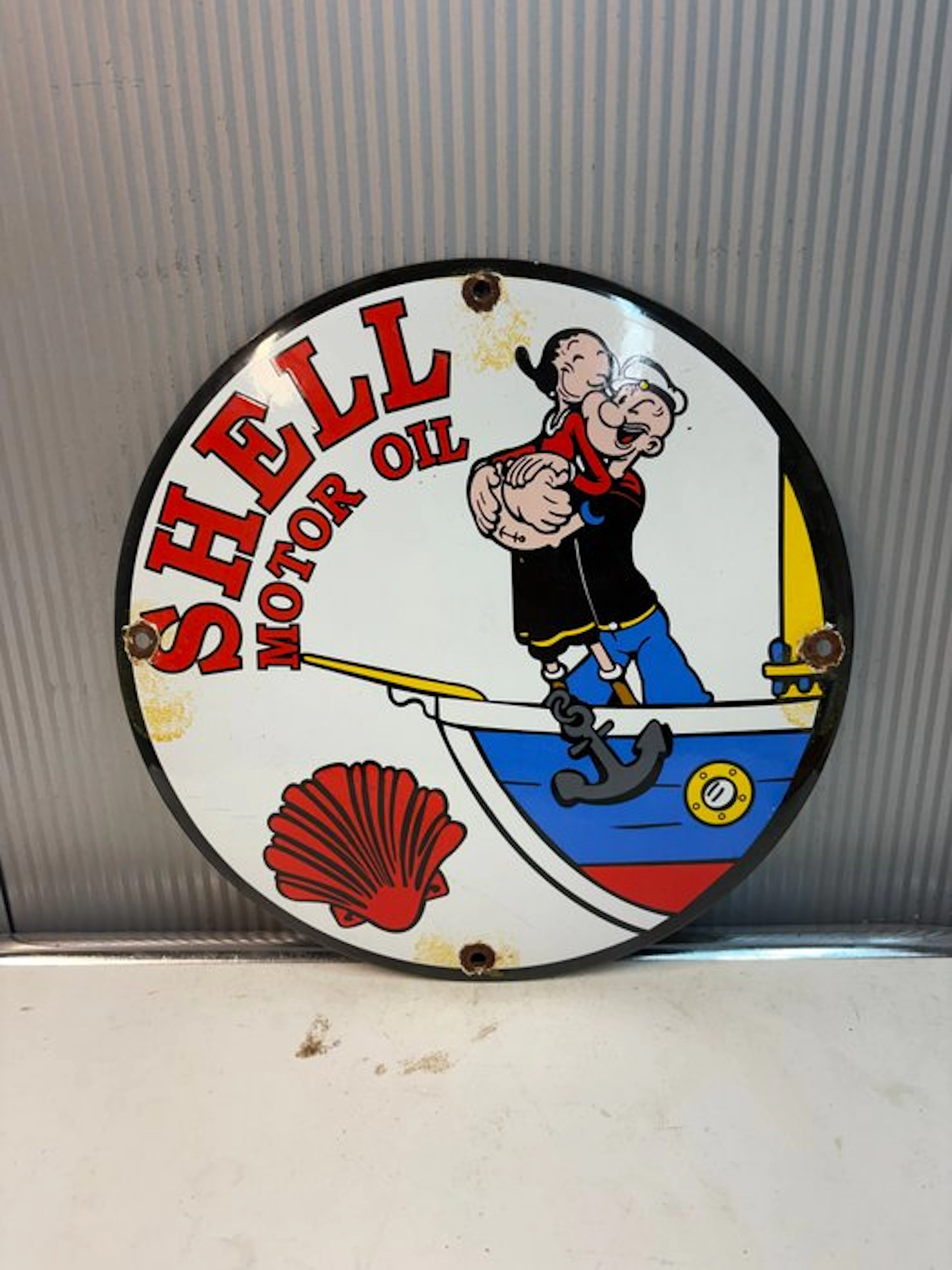 Shell Motor Oil & Popeye – Rond Emaille Reclamebord - Enamel sign - Enamel