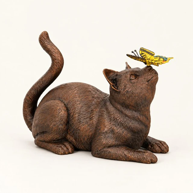Figurine - Kat met vlinder - Bronze