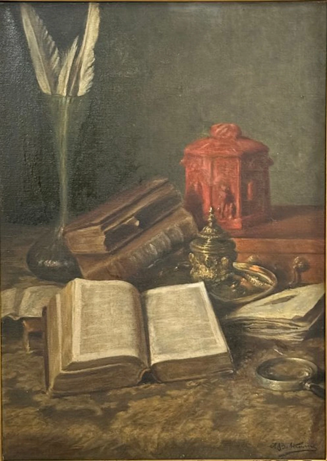 Achille Beltrame (1871-1945) - Natura Morta con Libri