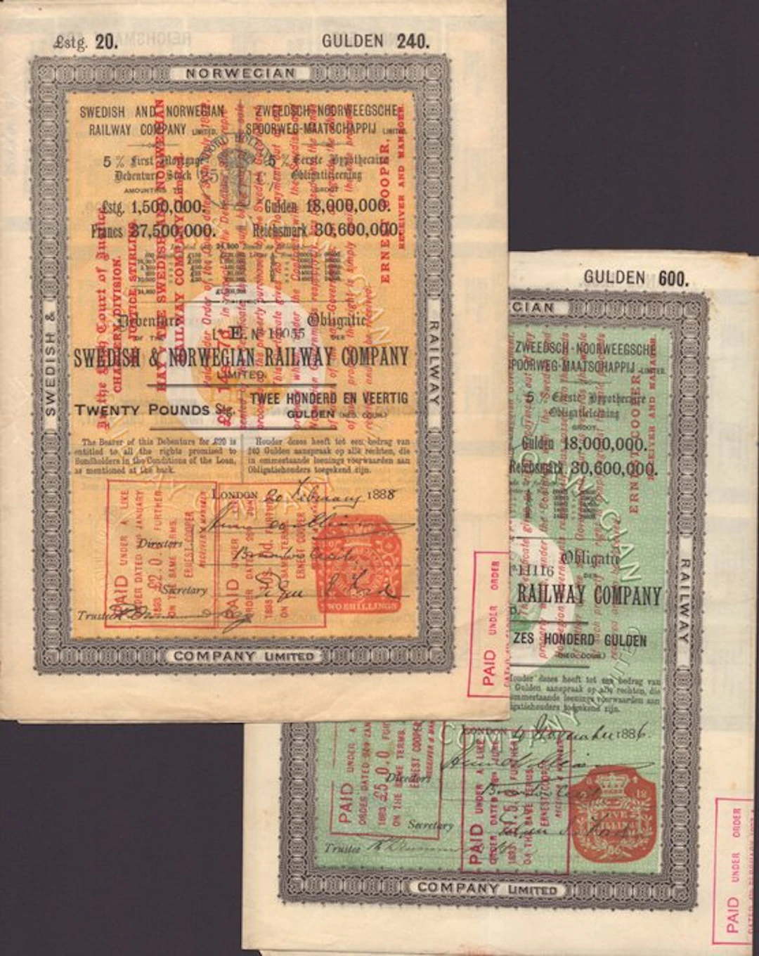 Sweden. Swedish and Norwegian Railway company 1886 - 1888 (No reserve price)