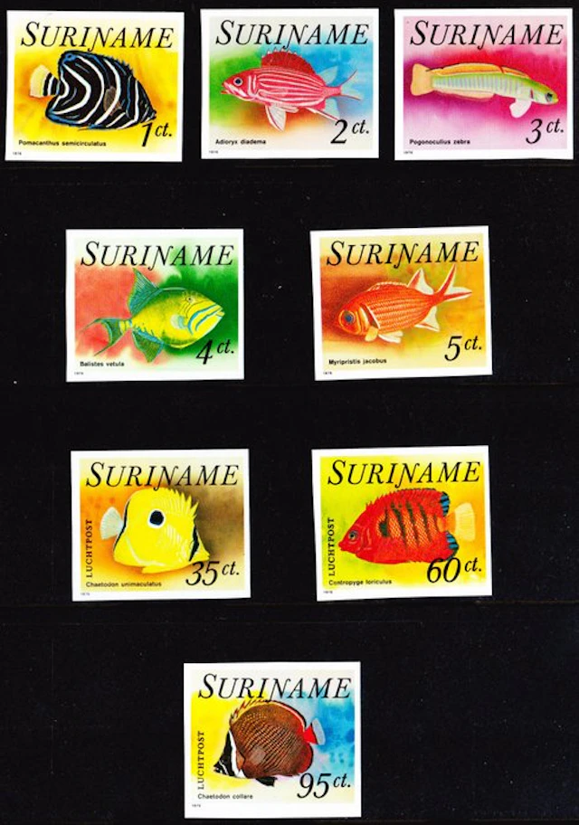 Suriname 1975 - Scarce imperforate fish series incl. airmail stamp 95 cents