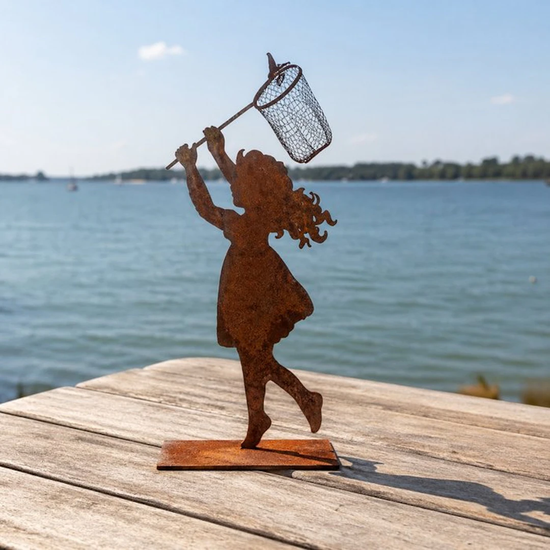 Statue, garden statue silhouette of girl with butterfly net - 69 cm - Steel