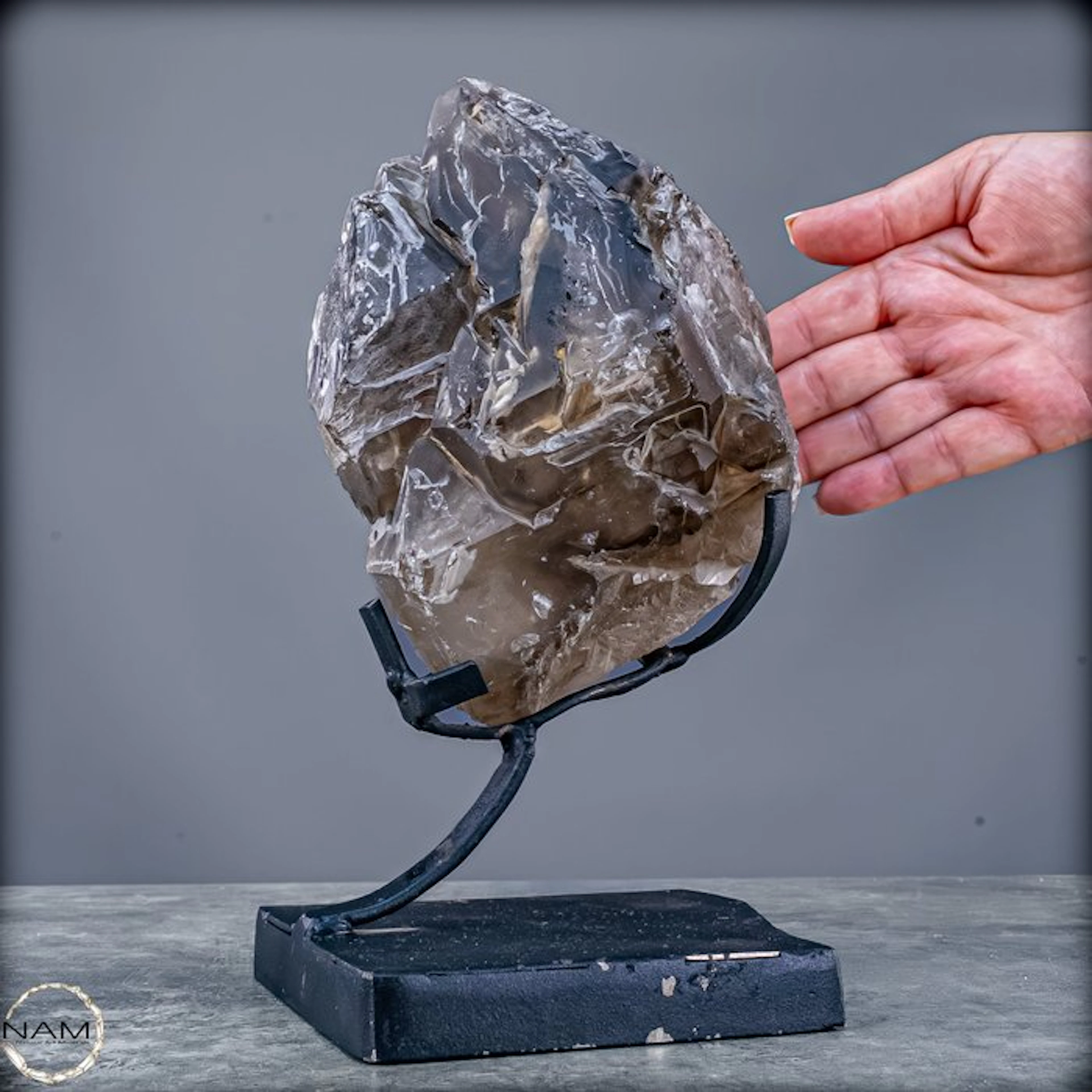 Smoky quartz crystal cluster on a metal stand – Large...
