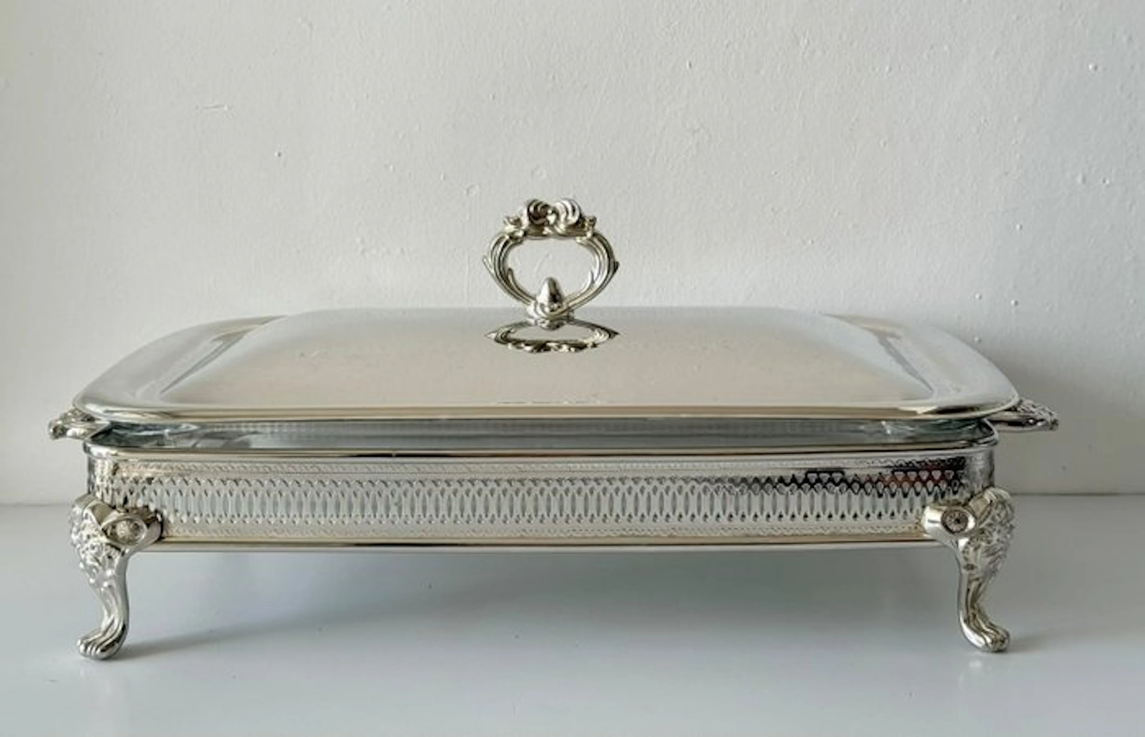 Baking dish (3) - Silverplated, oven-proof glass