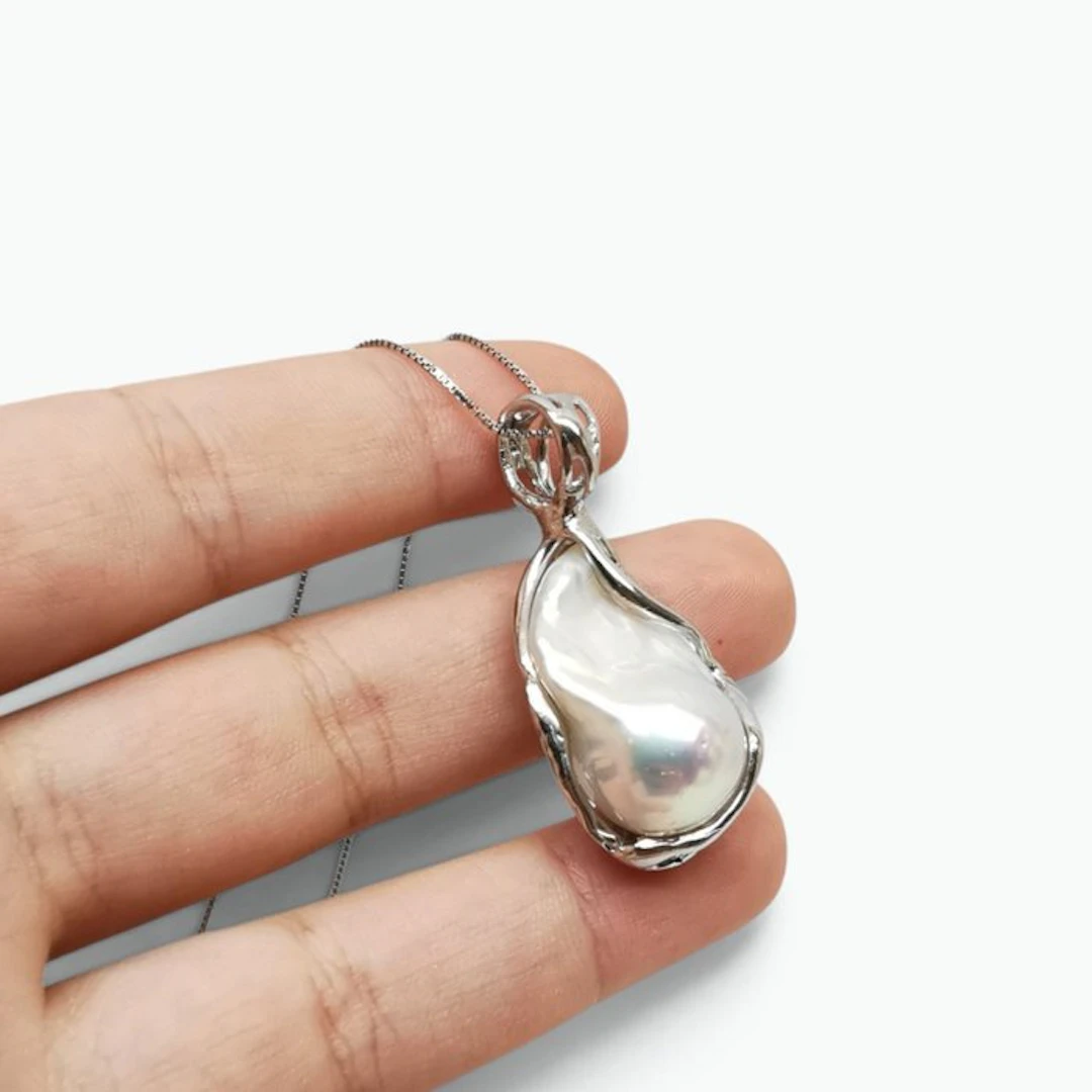 Pearl - Sterling Silver 925 - Necklace with pendant - lost-wax casting