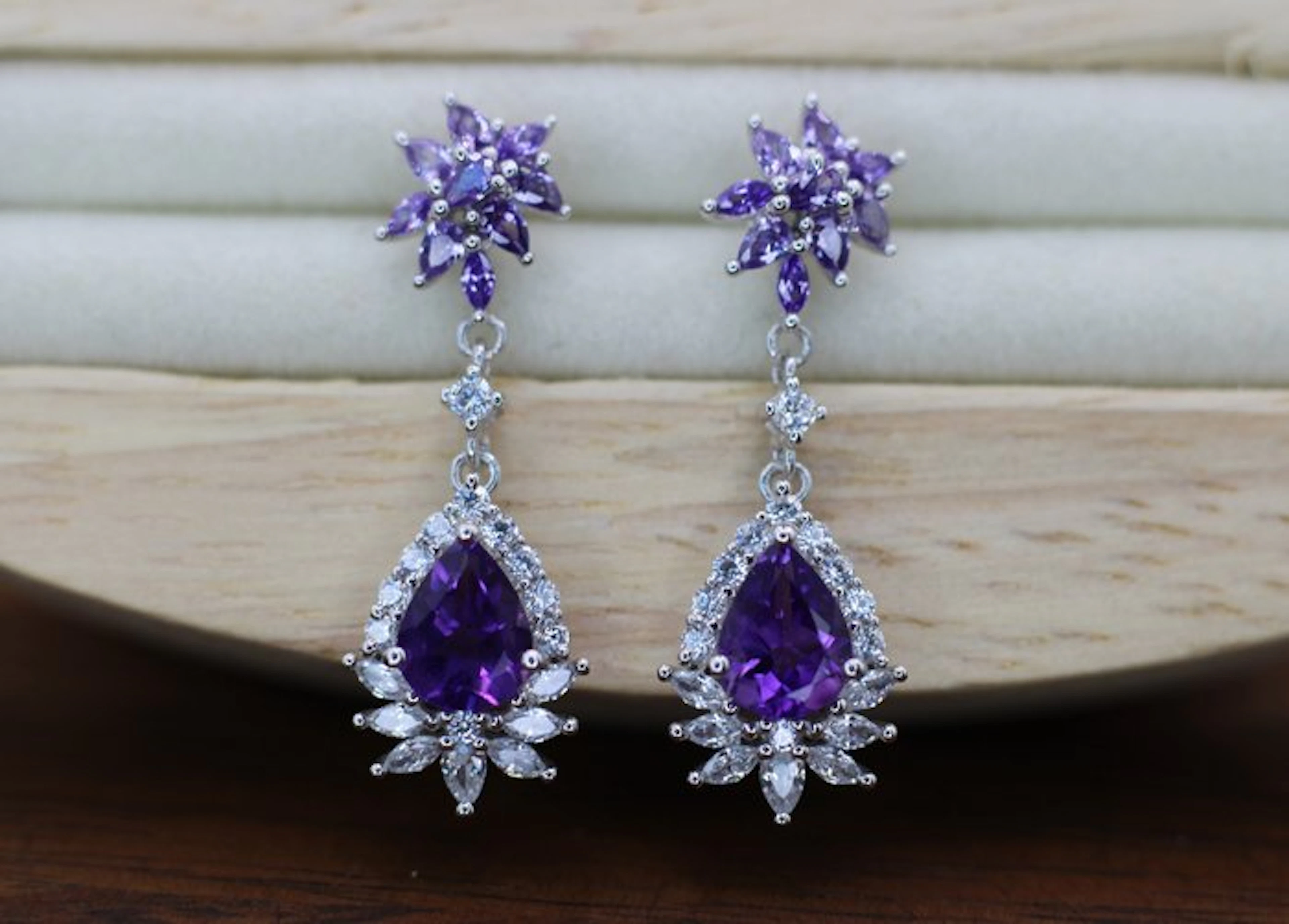 No reserve price - Earrings Silver - 3ct. tw. Amethyst