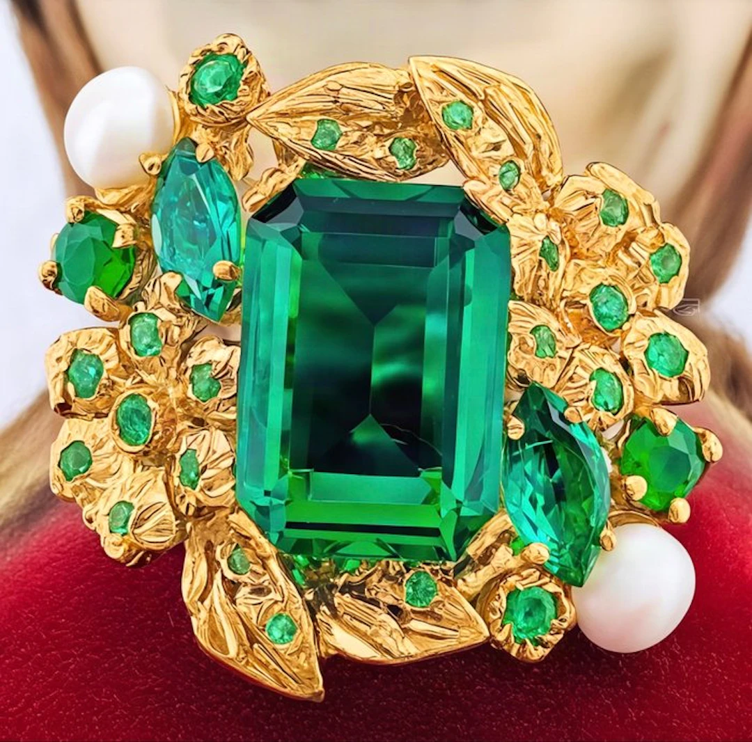 No reserve price - Ring - 9 kt. Yellow gold, Silver Emerald - Pearl