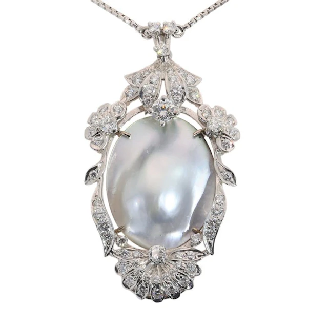 Necklace with pendant - 18 kt. White gold - Diamond - Retro 1950 Blister Pearl