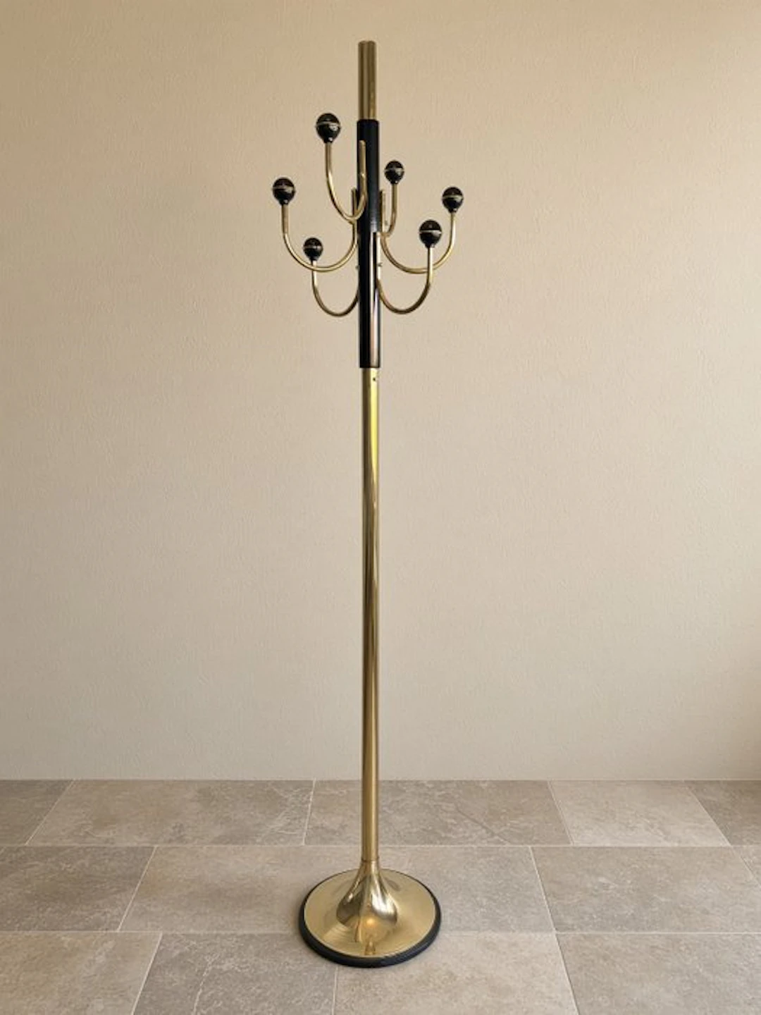 Coat rack - 1970s French Brass and Black Metal Floor Coat Rack - Brass, Metal