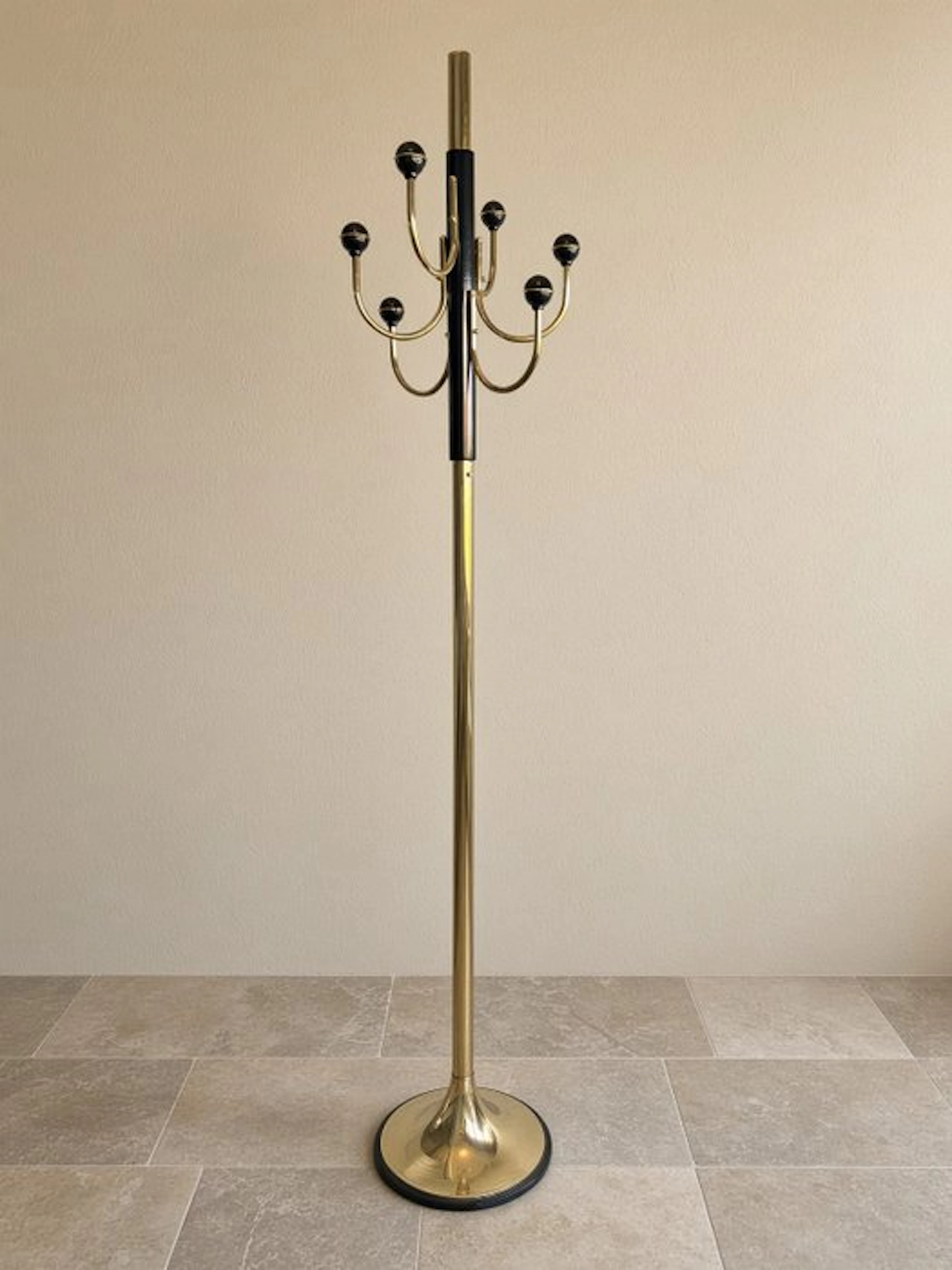 Coat rack - 1970s French Brass and Black Metal Floor Coat Rack - Brass, Metal