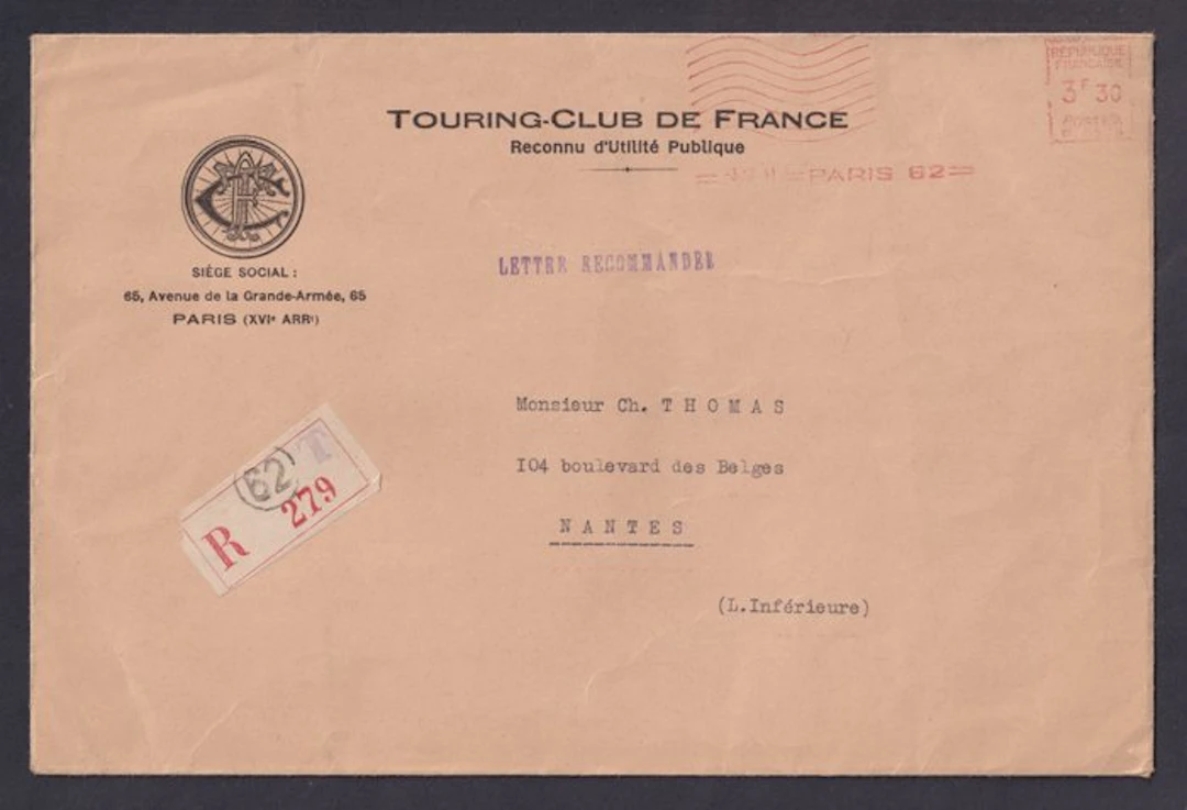 France 1941 - Registered letter from the Touring Club of France and