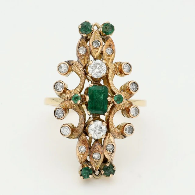 Ring - 18 kt. Yellow gold - Diamond - Emerald