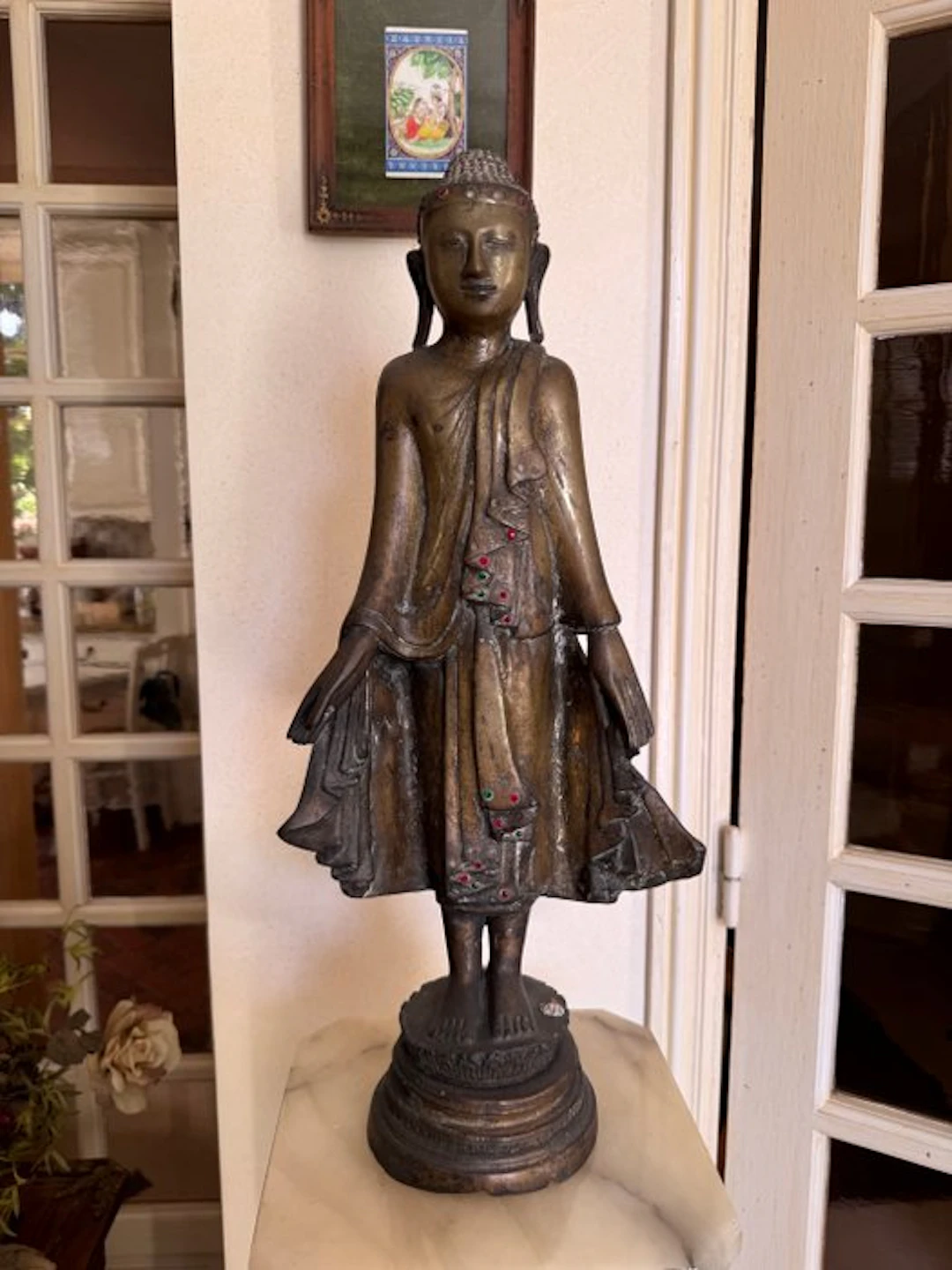 Buddha, Southeast Asia - Bronze & Inlaid Stones - Bronze...