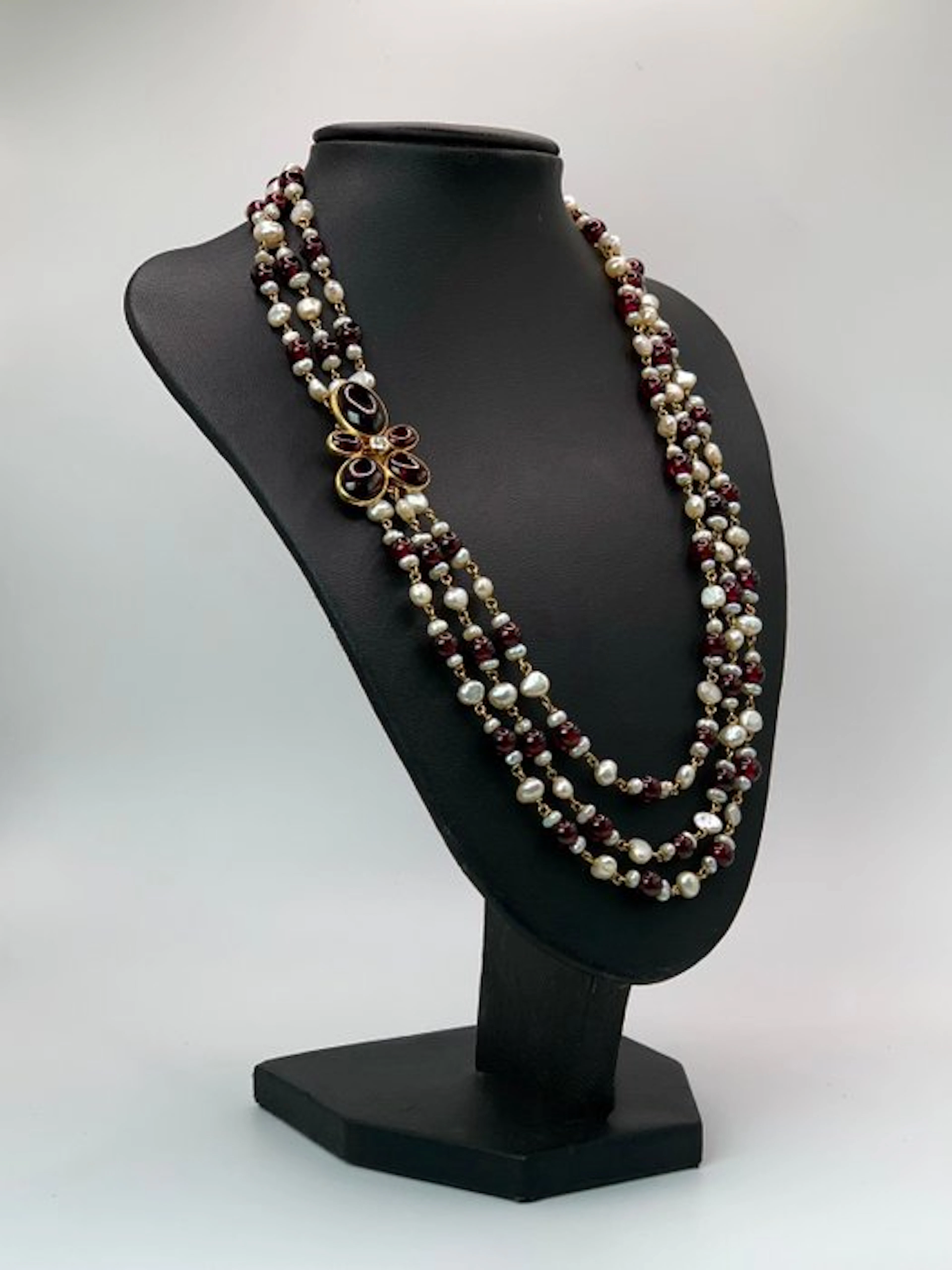 Necklace - 18 kt. Yellow gold - Pearls, Diamonds, Garnet