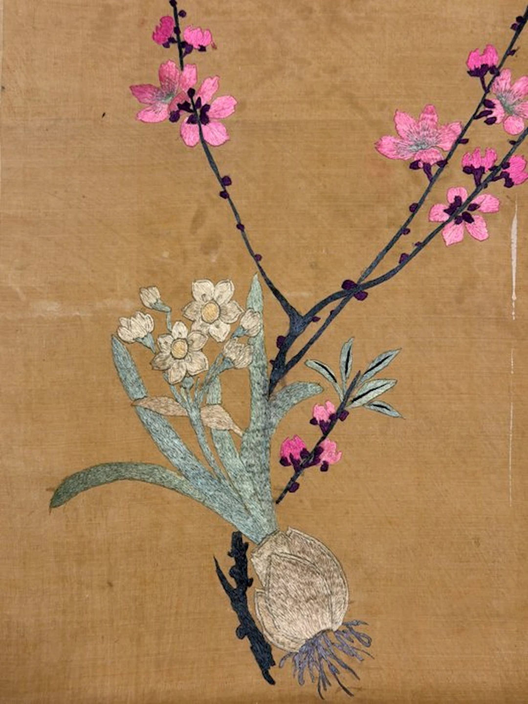 An Embroidered Silk Painting of Plum Blossoms, with Signature 20th Century