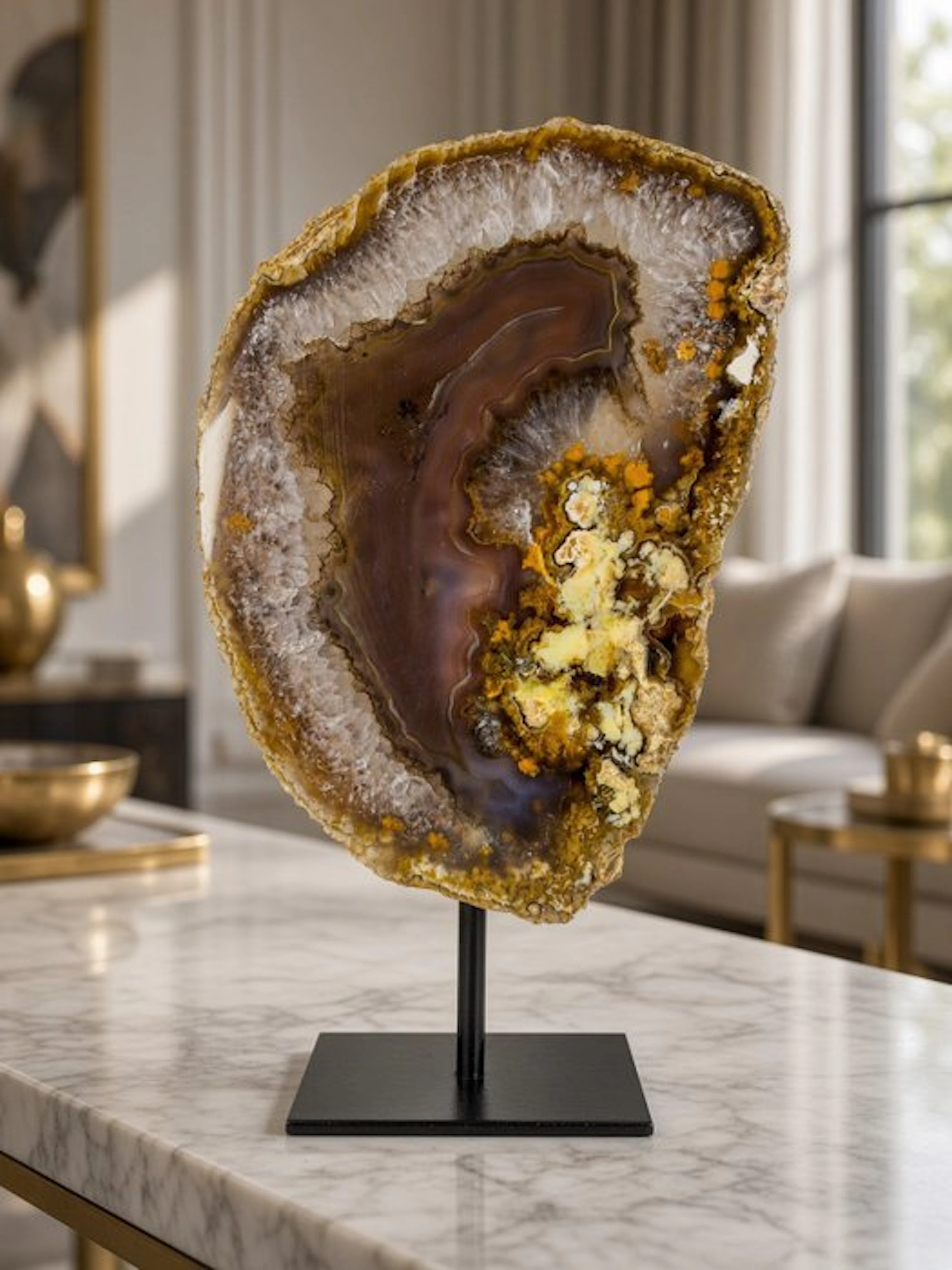 Rare colored - natural agate with crystal geode on stand...