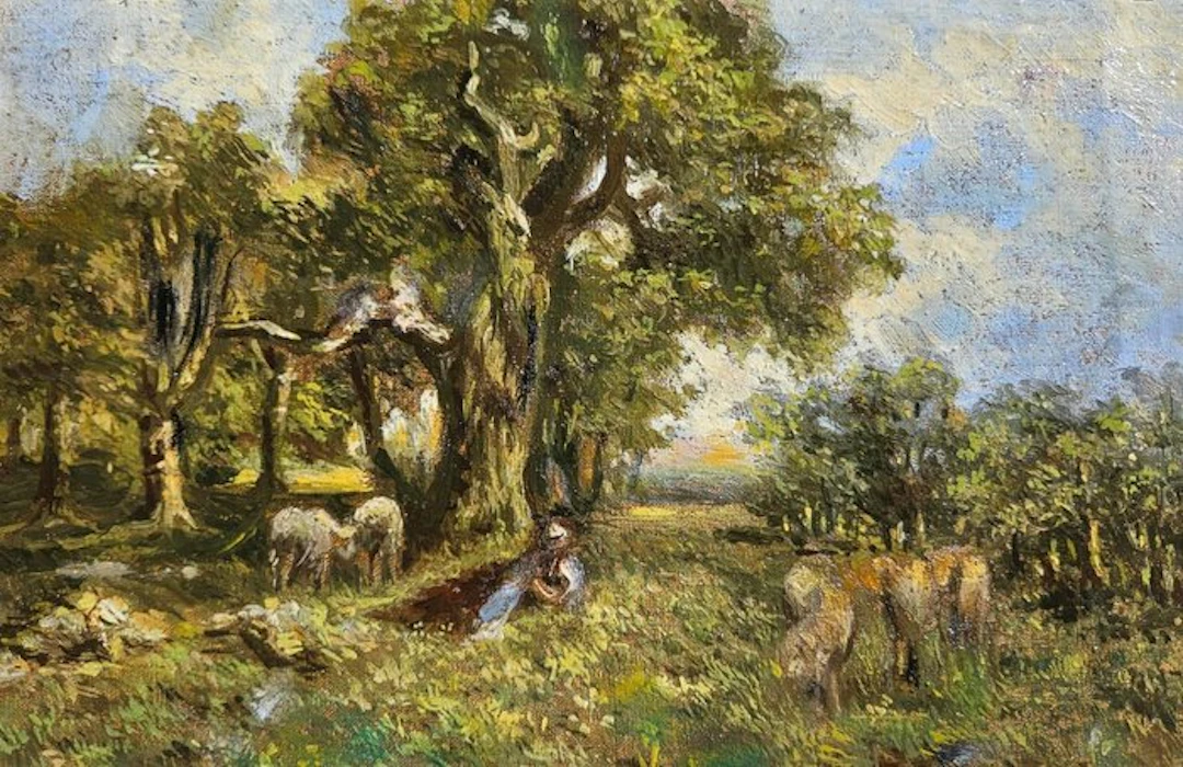 European school (XX) - Zomers en plain air Barbizonlandschap met schapen