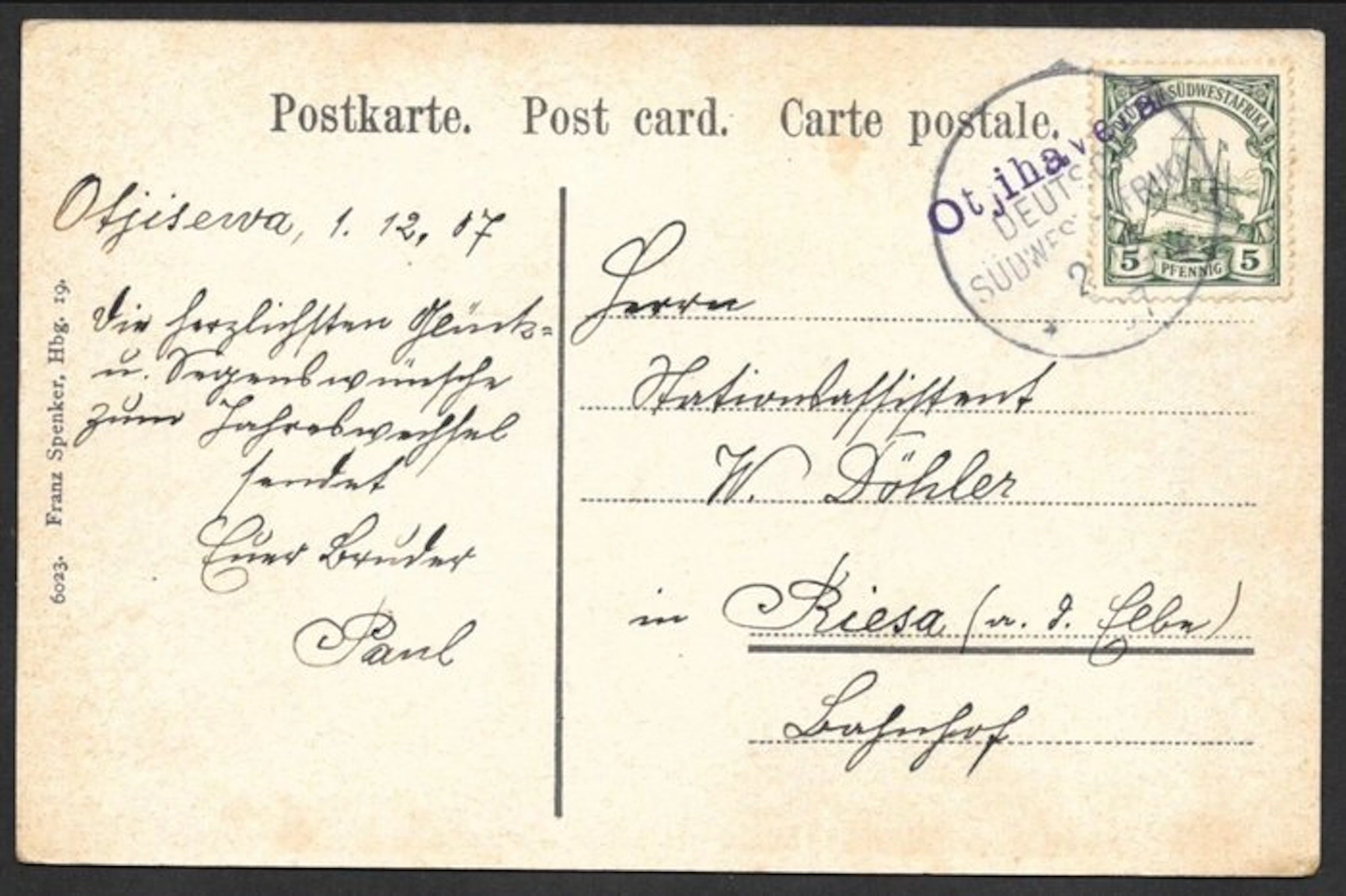 Postmark - German South West Africa postcard with hiking...