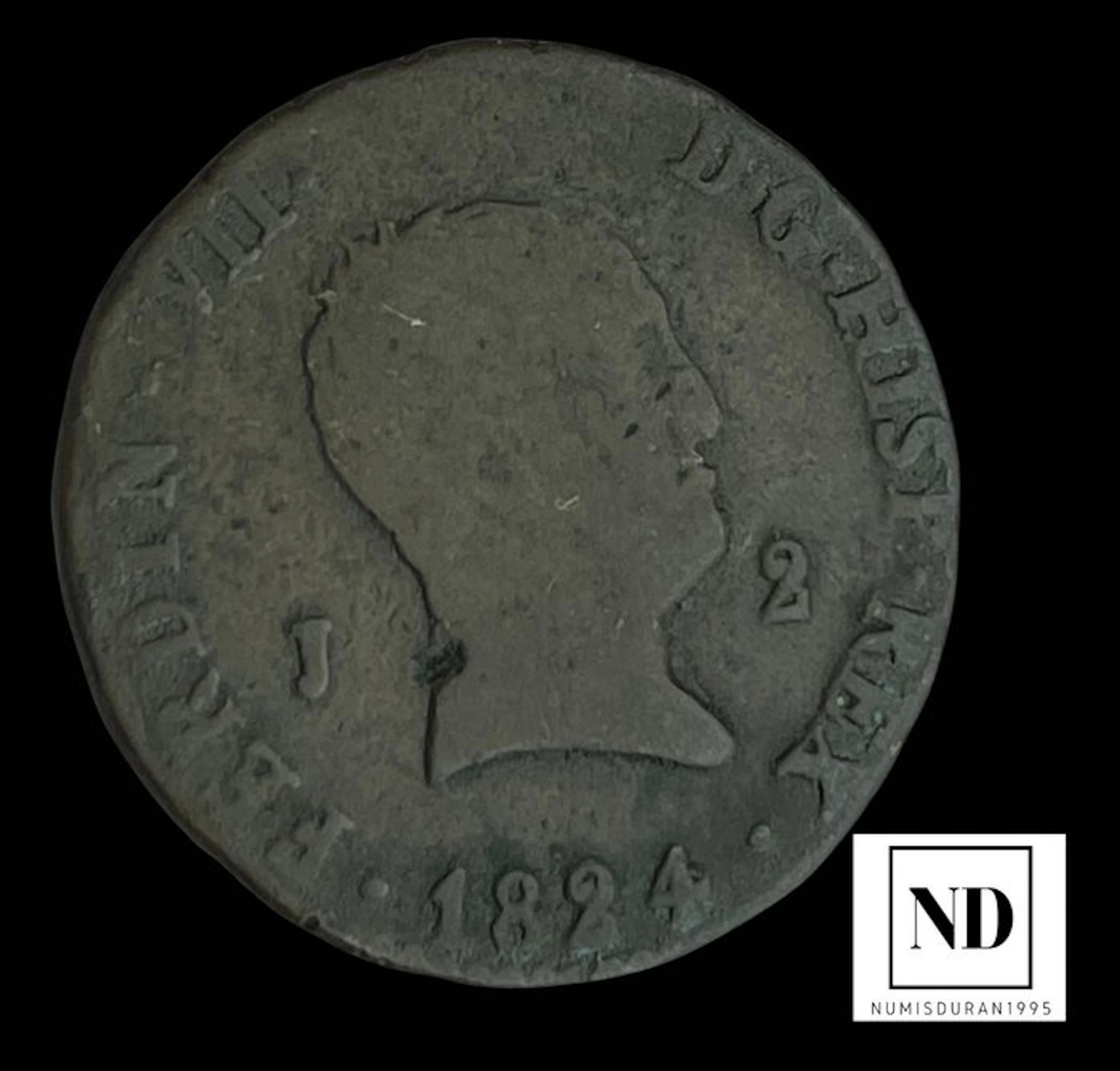 Spain. Fernando VII. 2 Maravedís 1824 - Jubia (No reserve price)