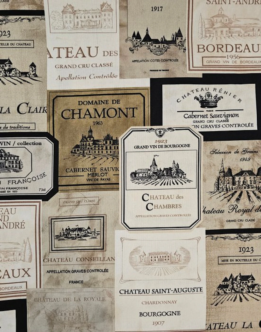 300x280cm! Fabric with labels of exclusive wines...